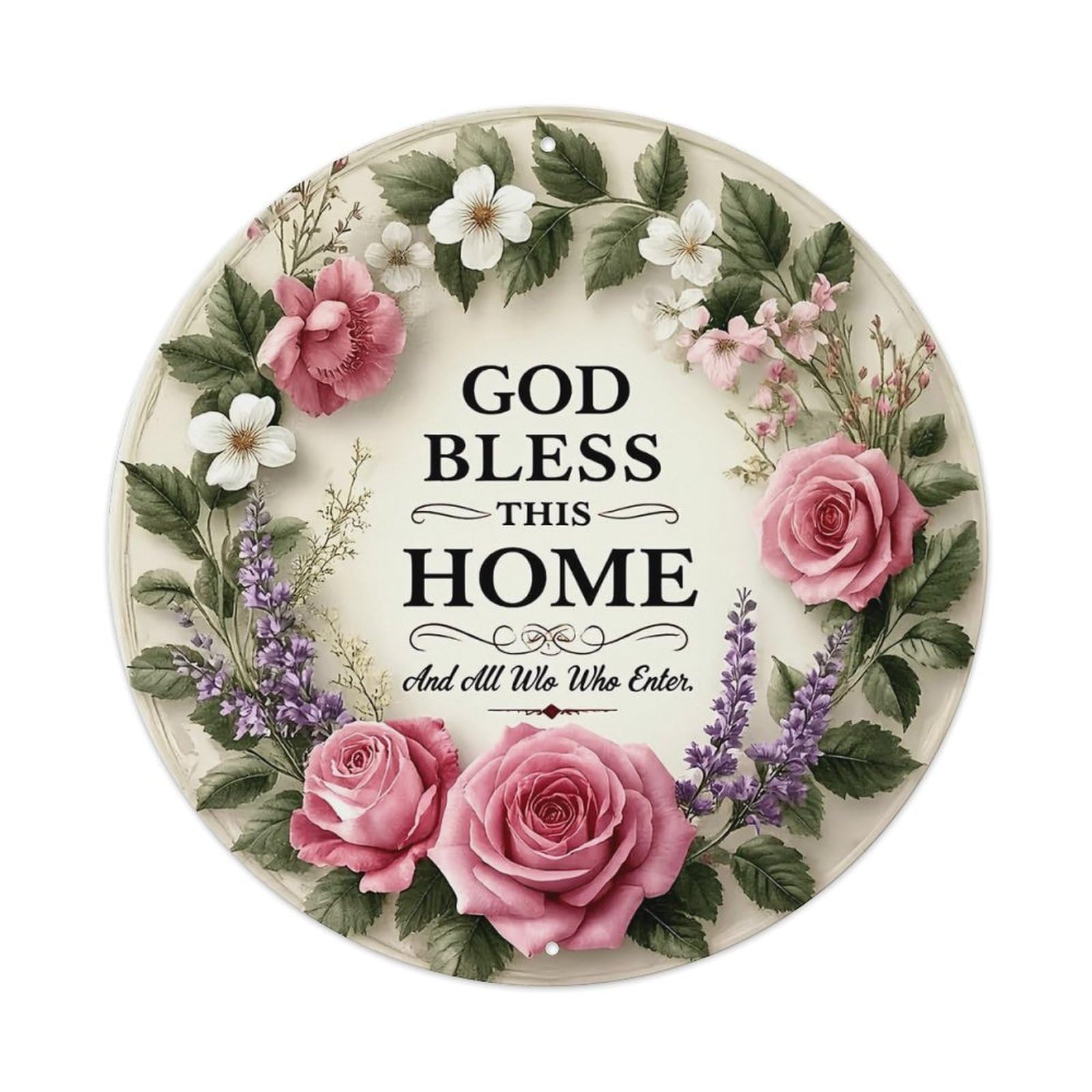 Floral Wreath With Roses And Lavender Round Metal Tin Sign Vintage Wall Decor, Bar Garage Cafe Kitchen Home Wall Art Poster 8x8inches