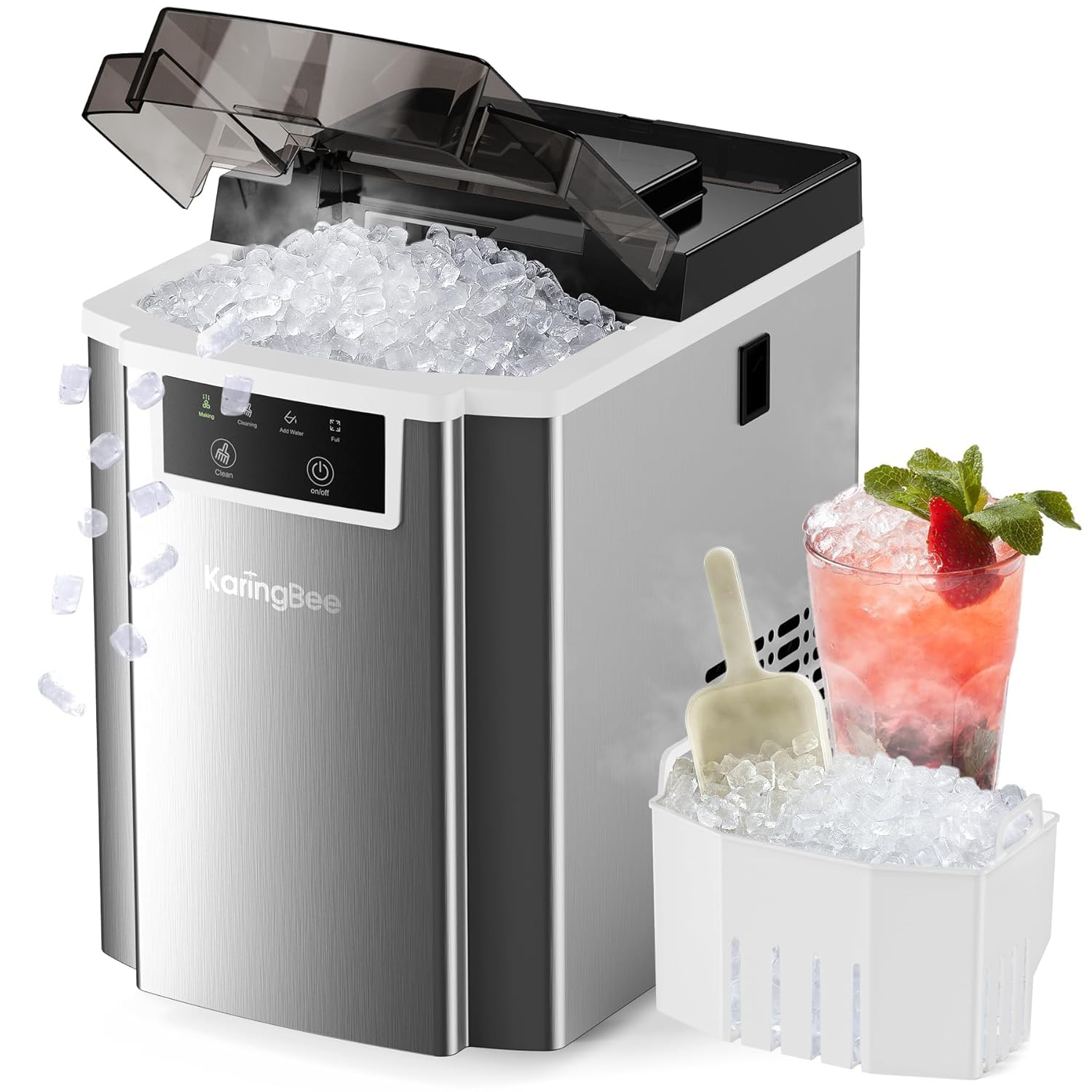 Karingbee Nugget Ice Maker For Countertop – 45 Lbs/Day Chewable Pebble Ice In 5 Mins, Self-Cleaning Sonic Ice Machine With Stainless Steel Housing – Ideal For Home, Kitchen, Office & Bar on Fridge.com - View 1