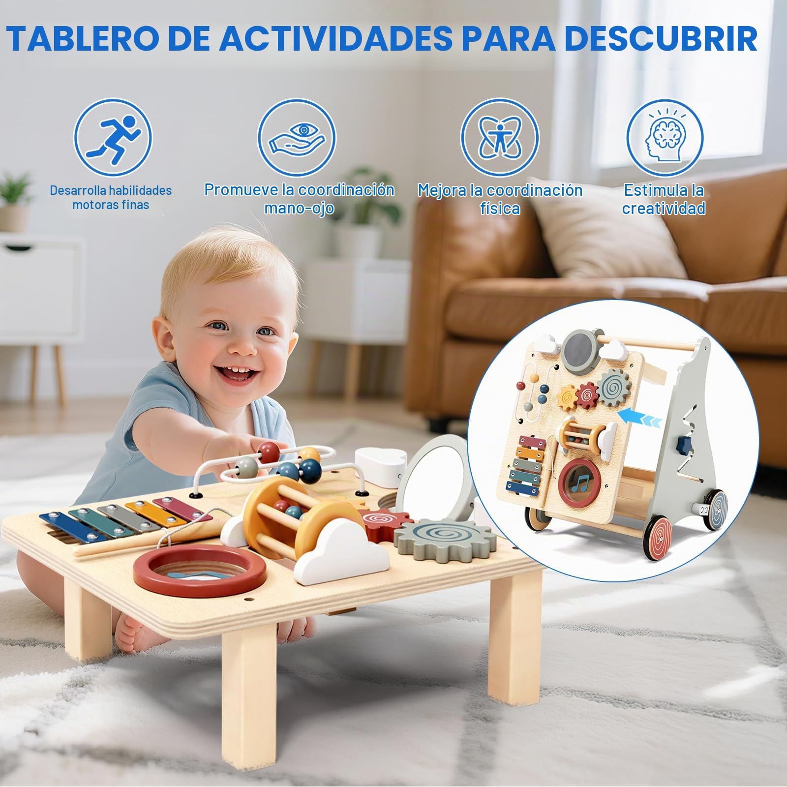 Andador Montessori 2 en 1 de Madera, Andador para bebés con Velocidad Regulable