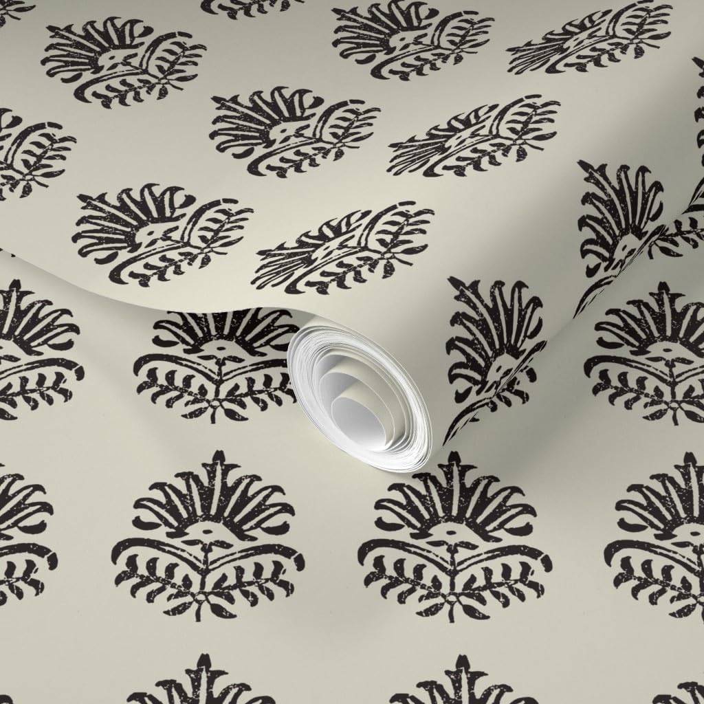 Spoonflower Removable Wallpaper Swatch - Indian Block Print,Black Cream Flower,Block Print,Small Scale,Traditional Custom Pre-Pasted Wallpaper