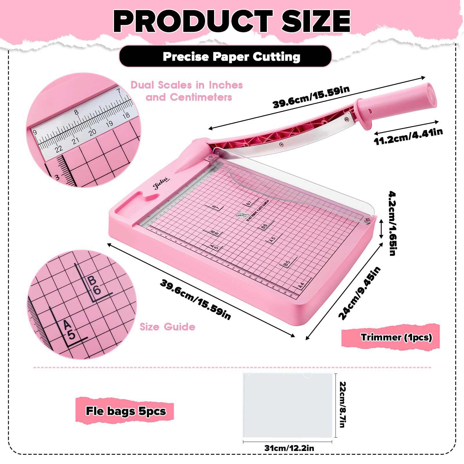 Papierschneider A4 (mit 5 Ordnern,12 Blatt,Schneidleistung A4/B5/A5/B6/B7) Hebelschneider Papierschneidemaschine Paper Cutter Geeignete Materialien Sind Dünne Bleche Leder Fotos (Rosa, A4)