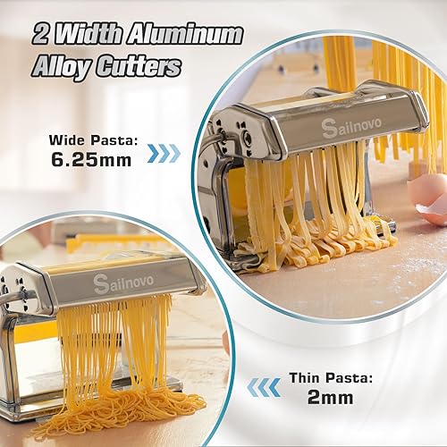 Vista 3 de Sailnovo Máquina para hacer pasta, máquina para hacer pasta de 180 rodillos, 9 ajustes de grosor ajustables, máquina de fideos 2 en 1 con rodillos