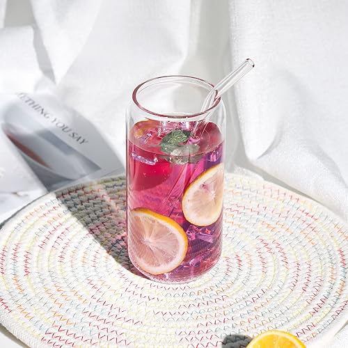 Miniatura 4 de Kxuhivc Juego de 8 vasos de vidrio de 16 onzas con tapas y pajitas de bambú, vaso de cerveza para mojito soda, batidos, whisky, café helado, cóctel,