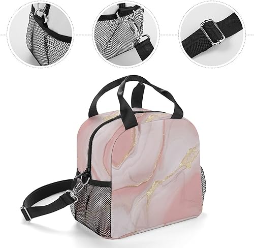 Miniatura 4 de Niapessel Lonchera térmica con estampado de mármol rosa dorado y con soporte para botella de agua y correa de hombro extraíble para volver a la