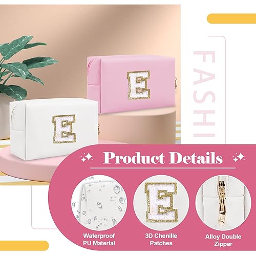 Miniatura 3 de Bolsa de maquillaje personalizada con inicial A-Z, pequeña bolsa de cosméticos de viaje de piel sintética con cremallera, bonita bolsa de aseo