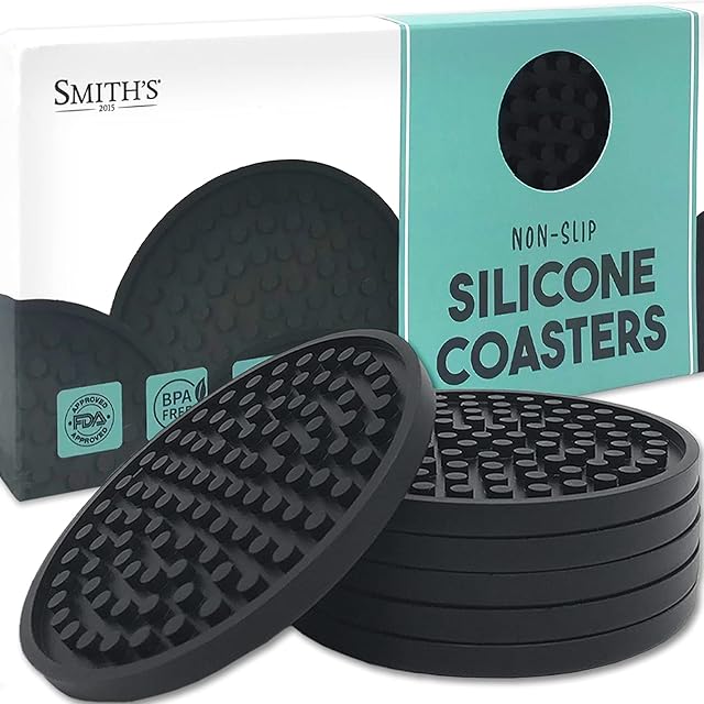 Smiths® Black Matte Round Silicone Rubber Drink Coasters (Set of 6) | 9.4cm Diameter | Non-Slip | Water Catching Technology | Perfect For Homes & Bars!