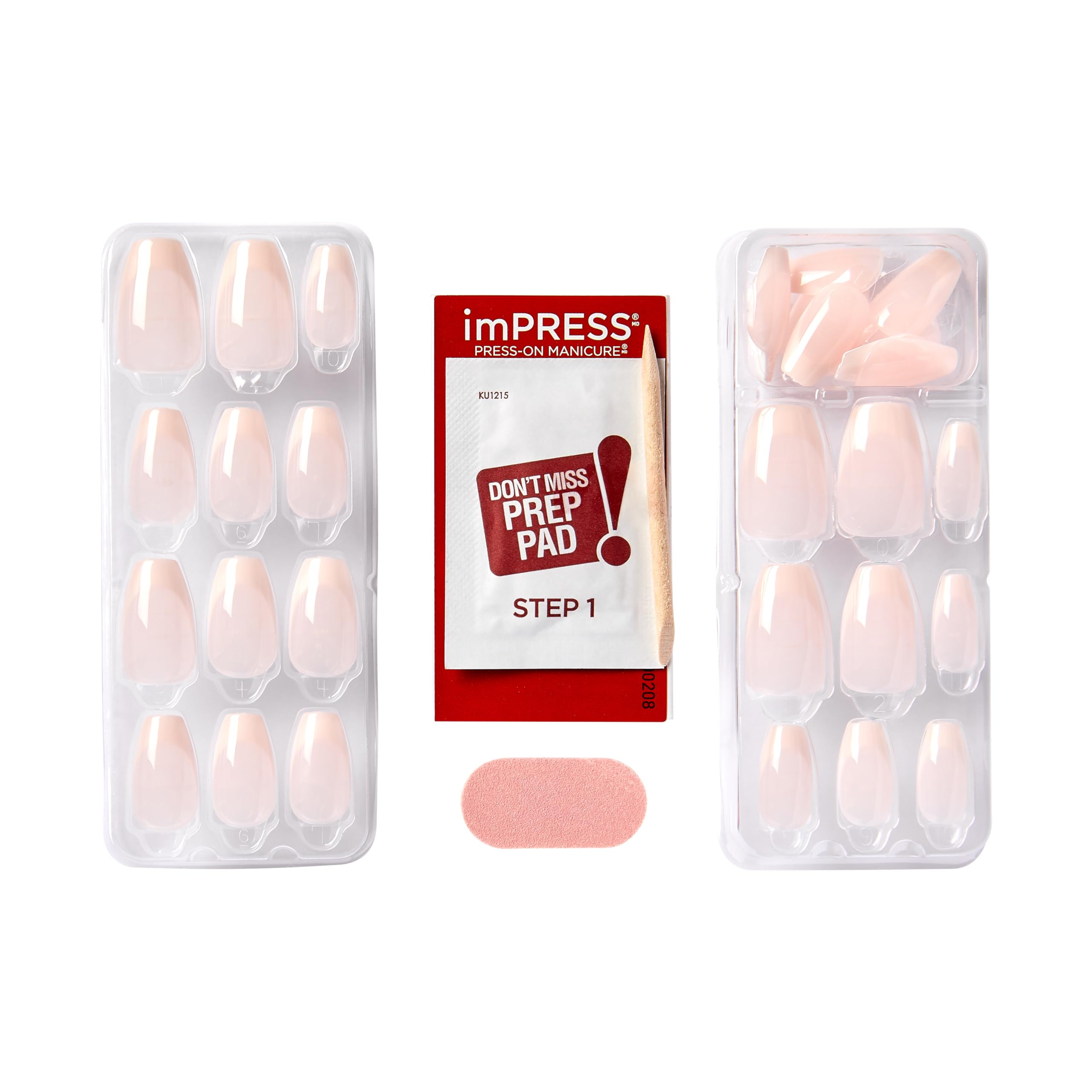 KISS imPRESS paznokcie samoprzylepne - Genuine,french, długość średnia, kształt coffin, 30 szt., mini pilnik, patyczek do skórek oraz gaziki dezynfekujące.