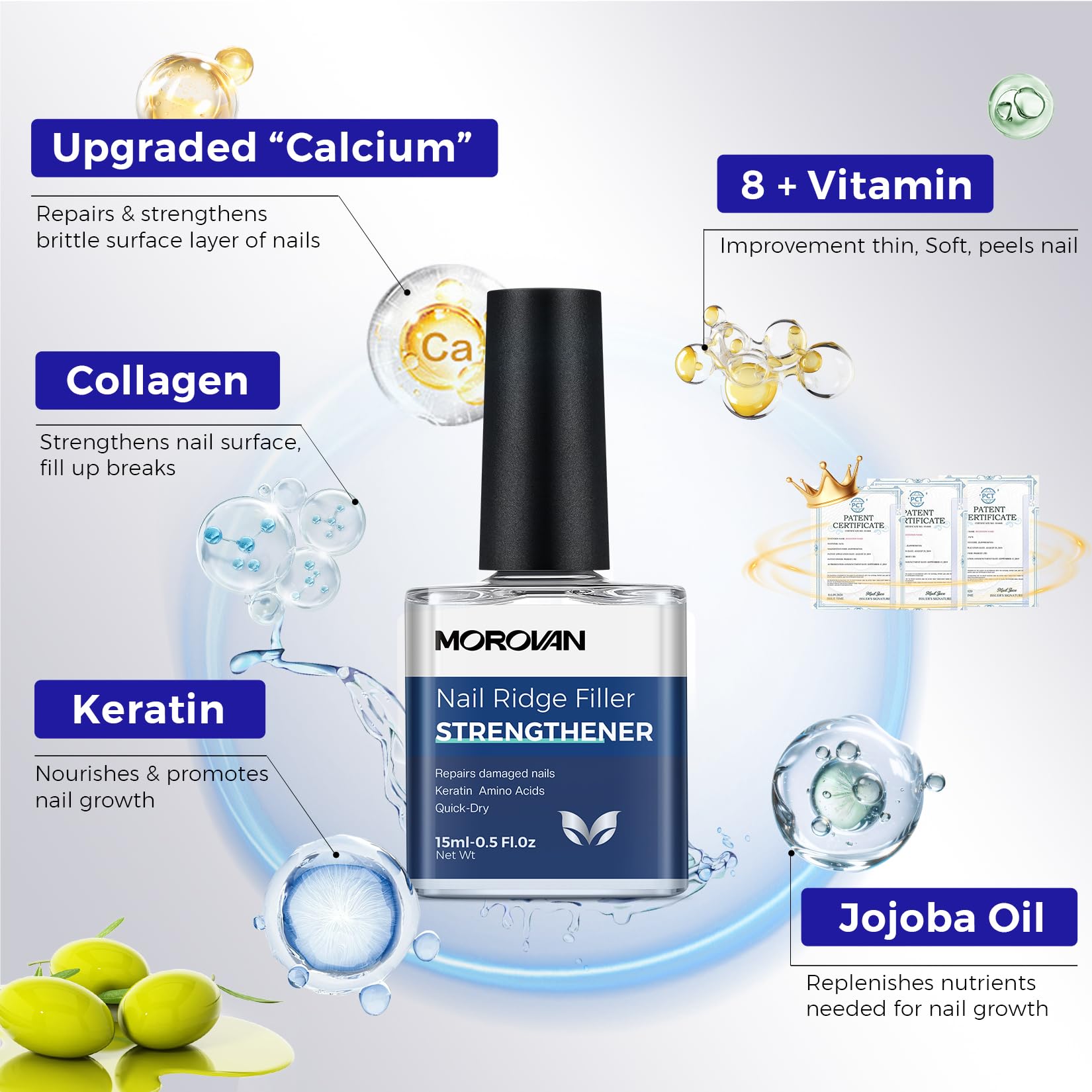Morovan Rafforzatore per unghie: Nail Care Ridge Filling Strengthener Nail Hardener Clear Nail Varnish Nail Strengthener per unghie danneggiate Smoothing Base Coat 15ml