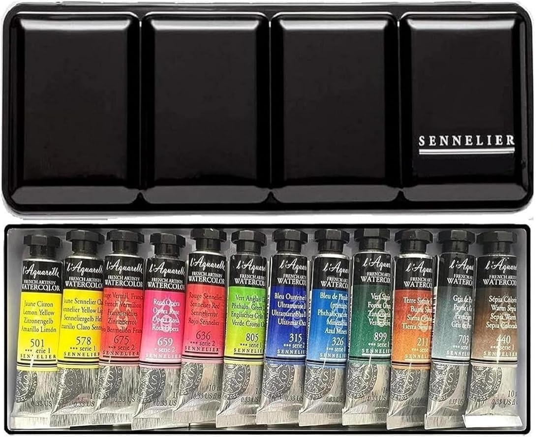 Sennelier Water Color Extra-Fines, 12 tubek po 10 ml, metalowe pudełko, ze szczotką i smugą