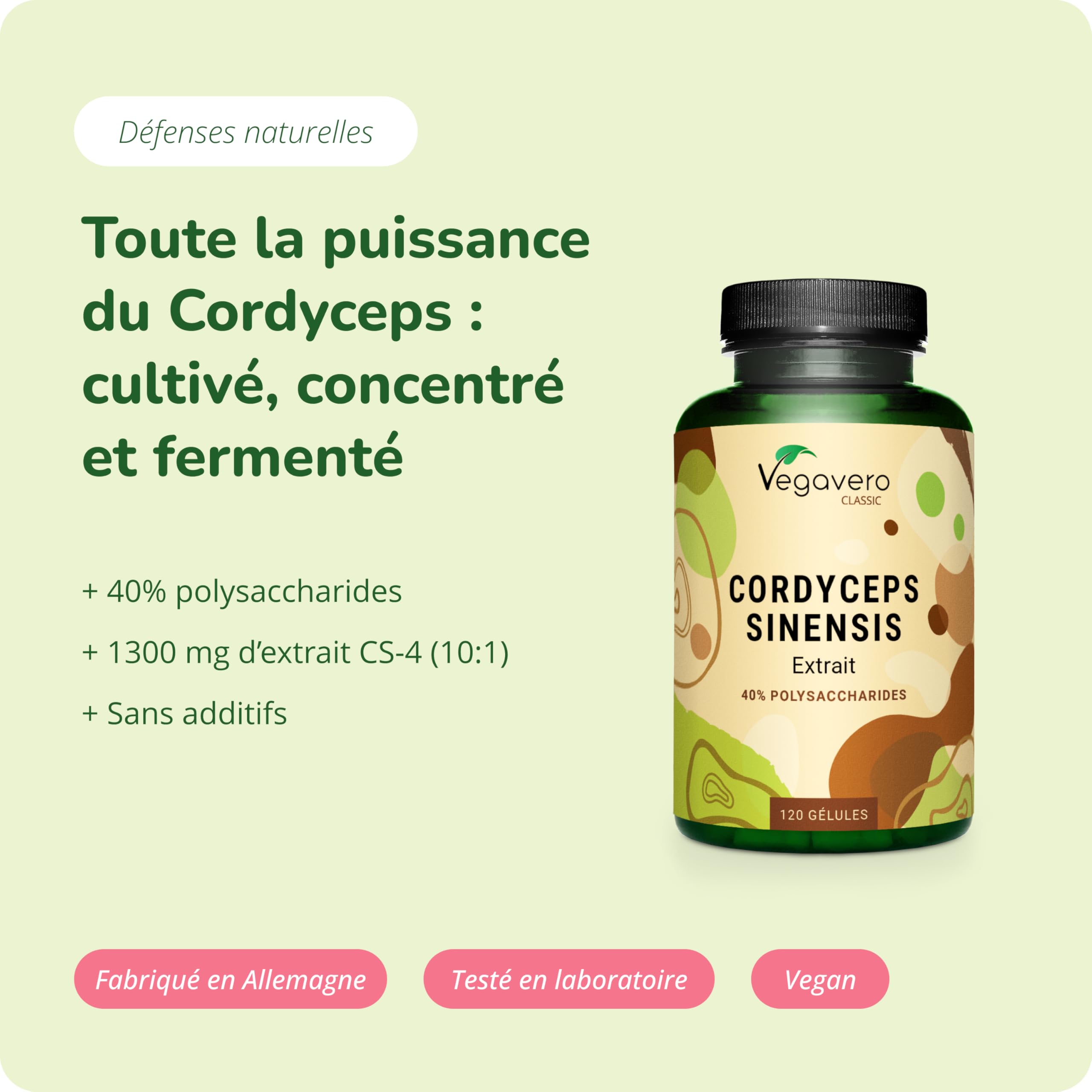 Cordyceps sinensis CS-4 | 19.500 mg (Extrait 10:1) | 40% Polysaccharides | SANS ADDITIFS | Adaptogène | 120 Gelules | VEGAN | Vegavero®