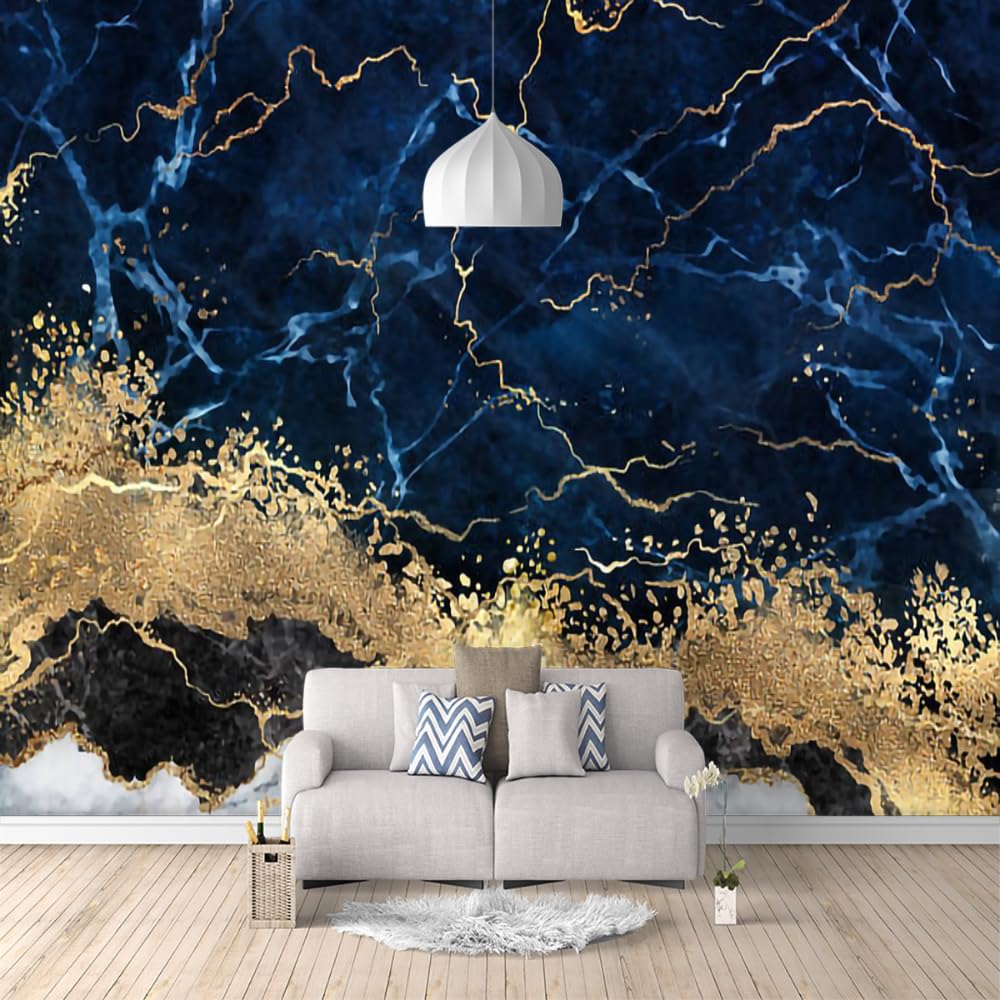 Papier Peint de 3D Marbre Bleu Et Or, Marbre D’encre Imprimé En 3D Papier-Peint Murs - pour Restaurant-Bar à Thème Décoration Murale 350 x 265 cm