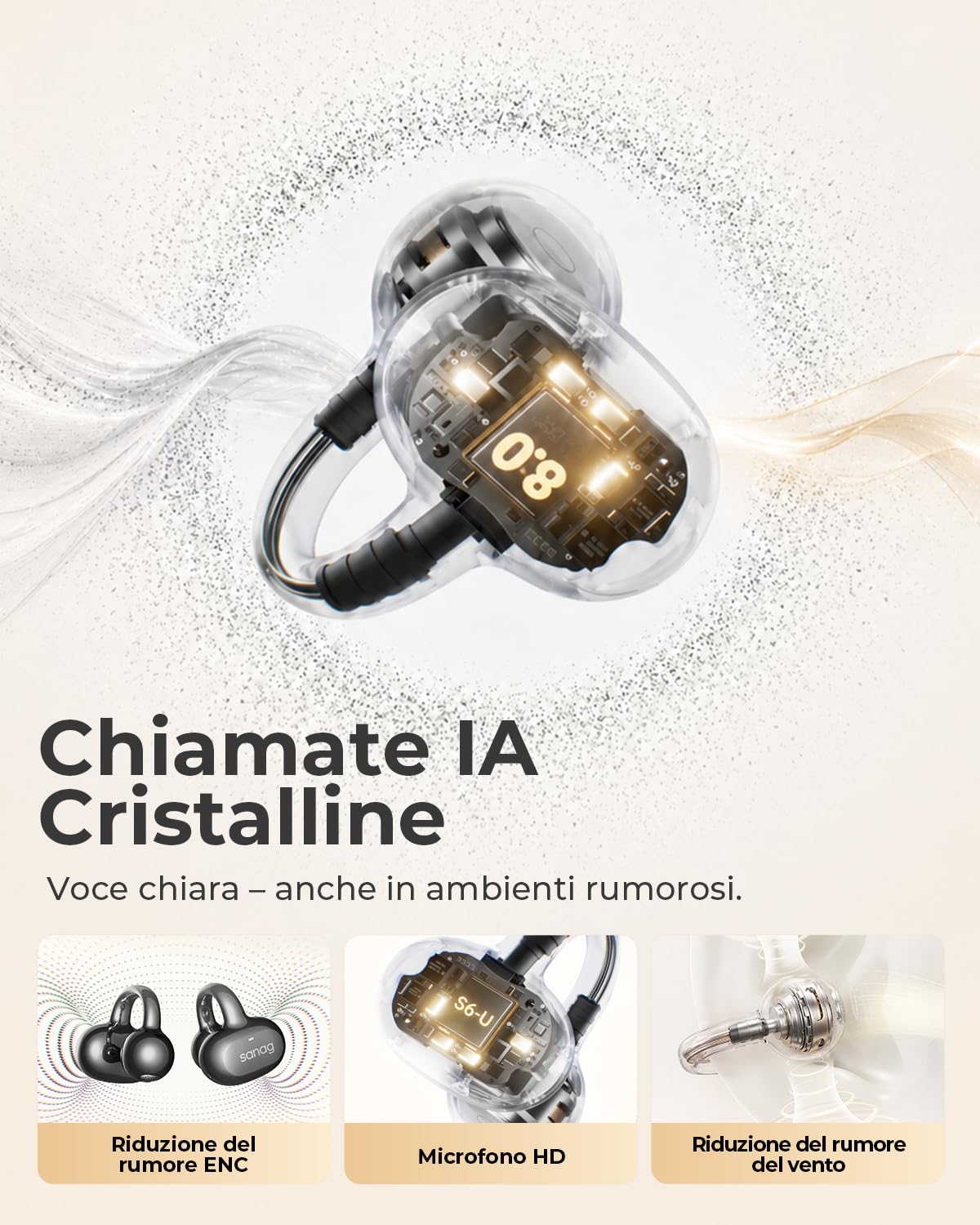 SANAG S6SUltra Auricolari Open Ear, Cuffie Clip on, Comfort e Vestibilità Stabile, Bluetooth 6.0, Bassi Profondi, IP67, 42H di Autonomia, Chiamate AI, App Personalizzata, Ideali per Sport e Lavoro