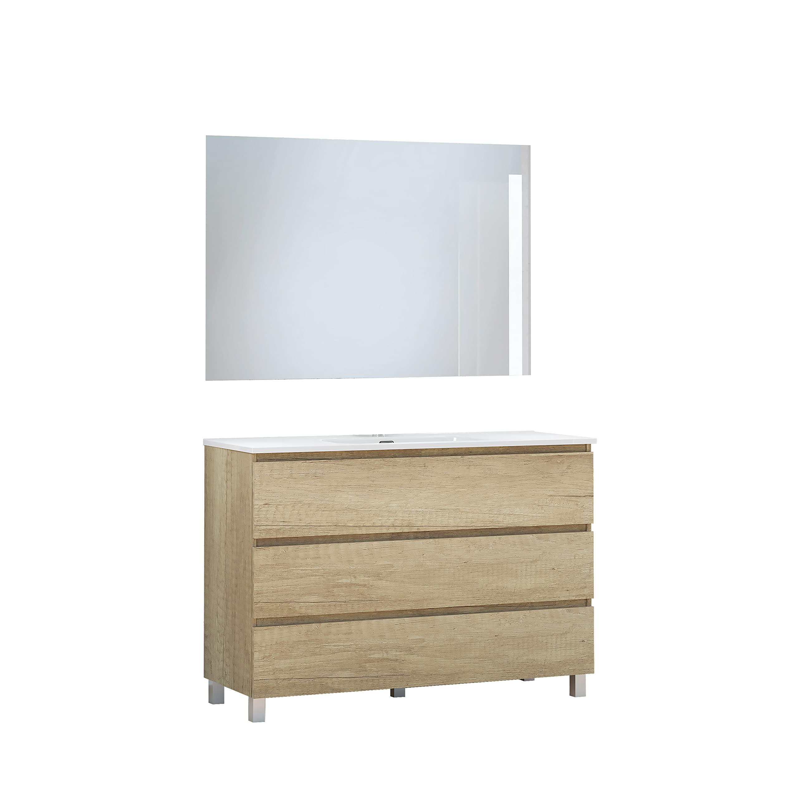 Baikal Conjunto de Mueble de Baño Neo con Espejo Luna Lisa, Tres Cajones o Dos Puertas, Mueble con Patas. Varios Acabados y Medidas. Melamina 16mm. Mueble MONTADO. 3c 120 Nature