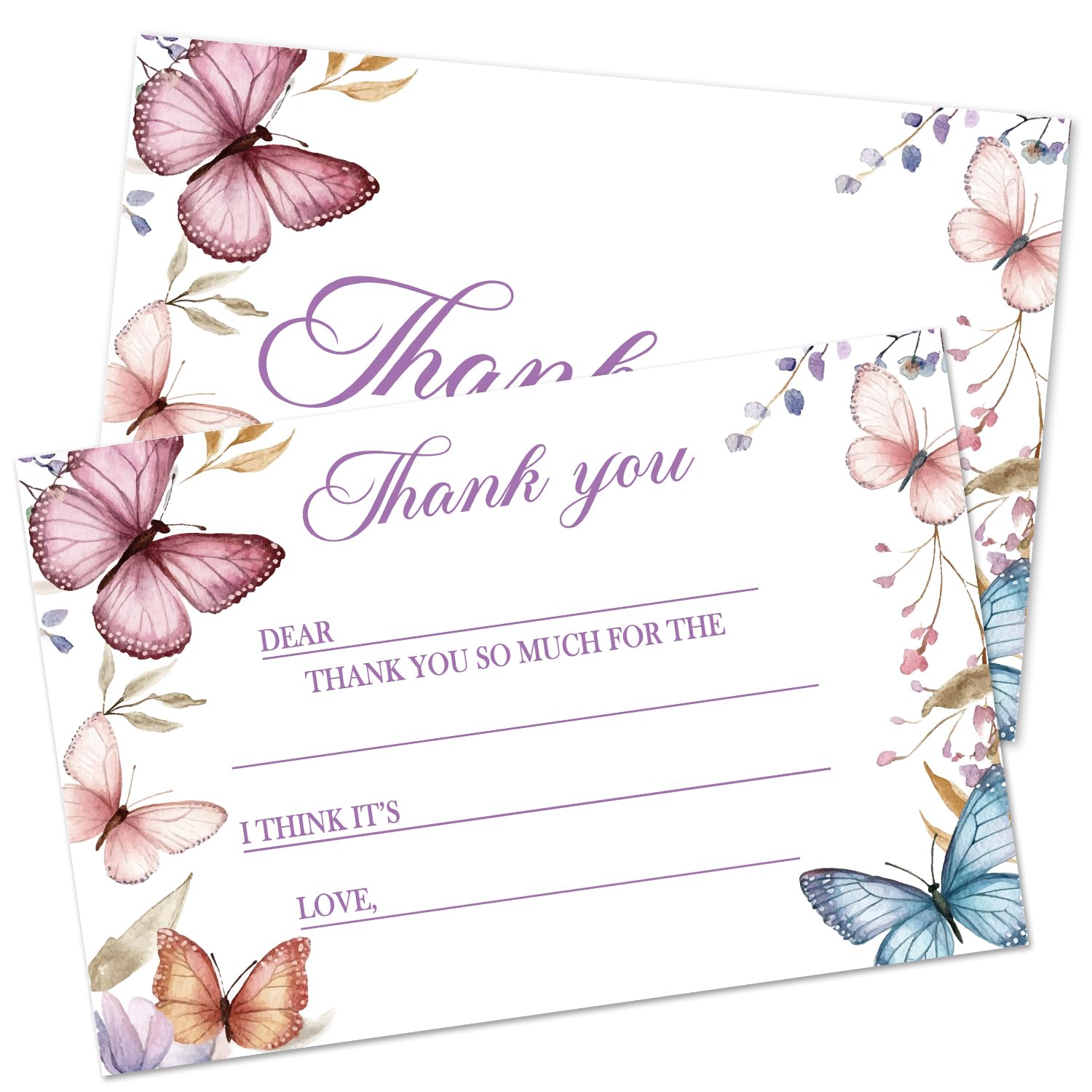 Butterfly Thank You Cards For Kids, Flower Birthday Card, Fill In The Blank (20 Count) With Envelopes -TK02