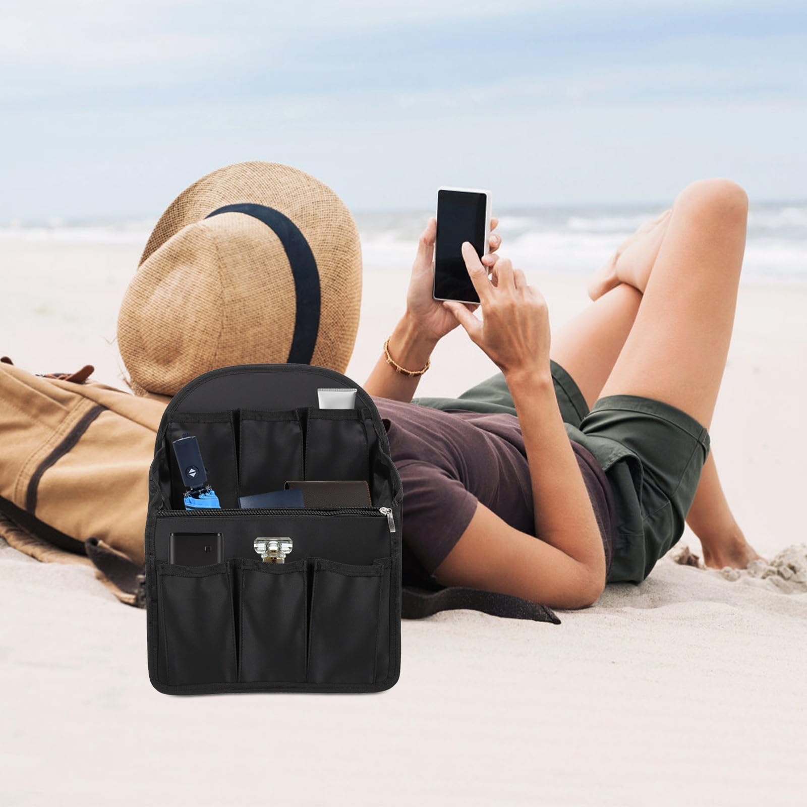 Inserto Organizador de Mochila Negro Grande de Nailon Resistente, Bolsa Interior Multifunción Múltiples Compartimentos y Bolsillos Cremallera para Viaje y Trabajo