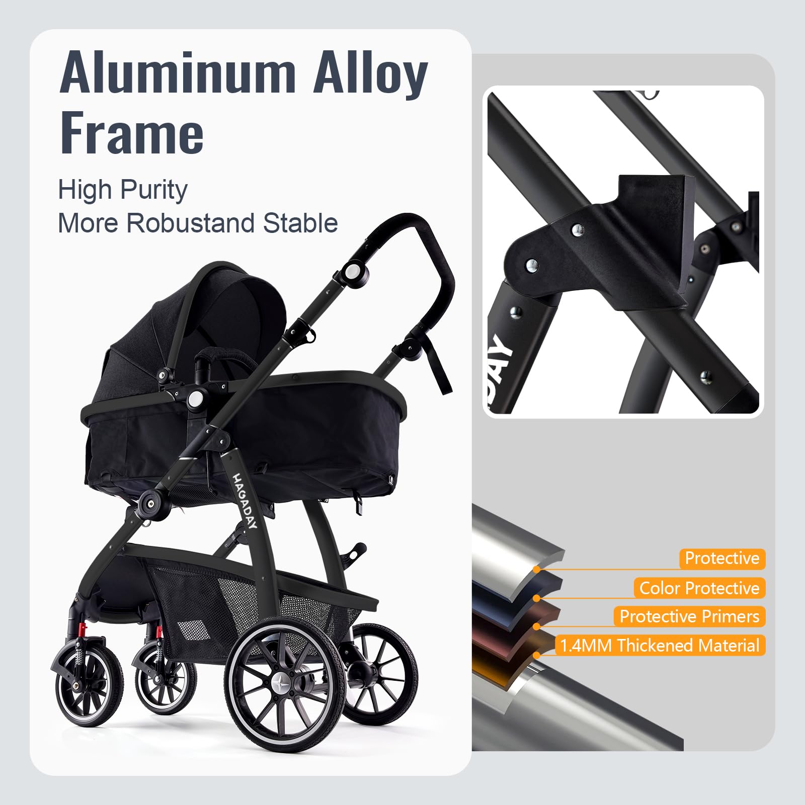 Baby Stroller, 2-in-1 Reversible Toddler Seat with Lie-Flat Mode, Foldable Infant Stroller with Canopy, One Button Brake, Adjustable Handle, Newborn Pushchair (Black B) - 4
