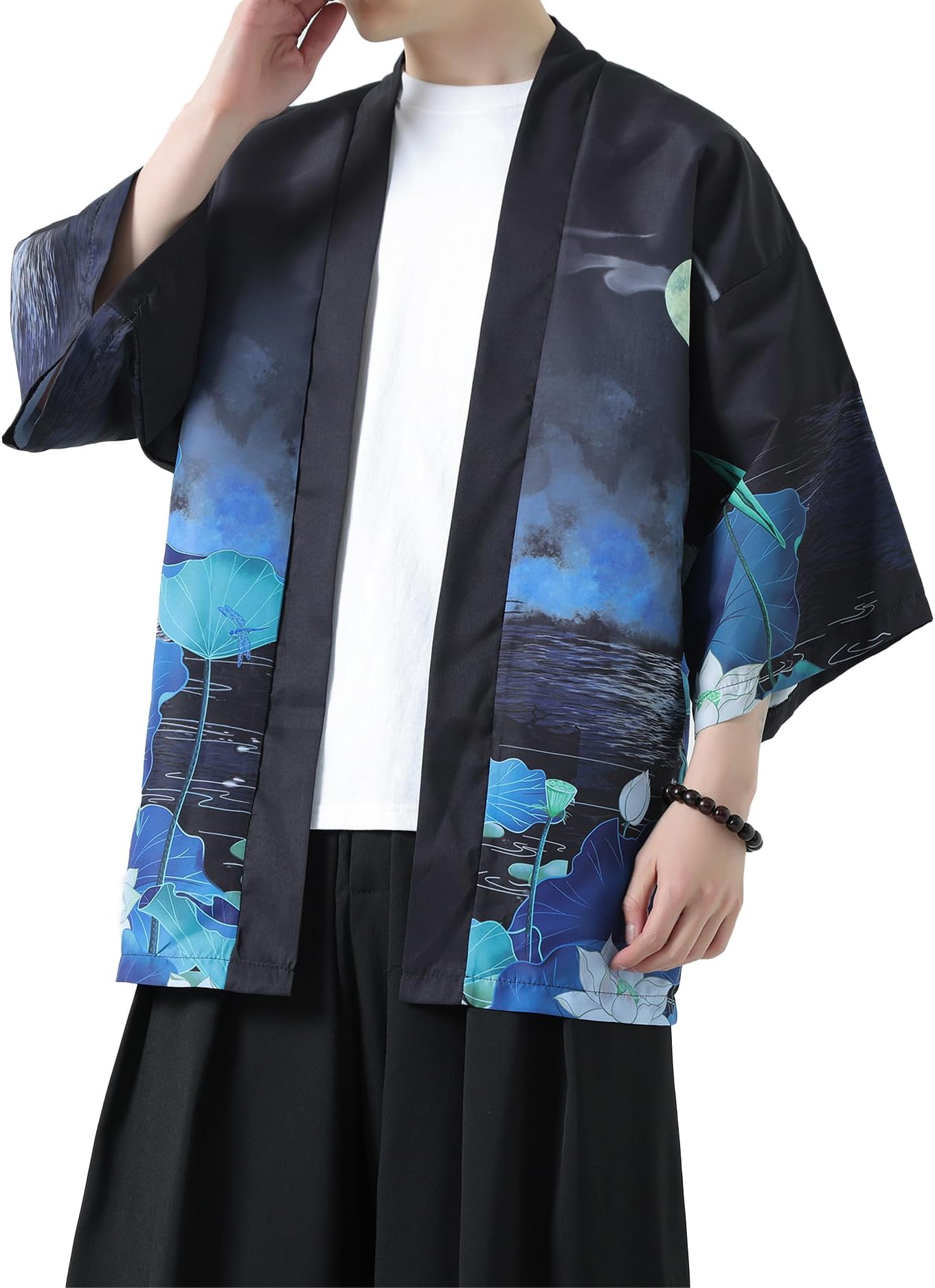 PRIJOUHE Men's Kimono Cardigan Jacket Japanese Style Flying Crane Seven Sleeves Open Front Coat