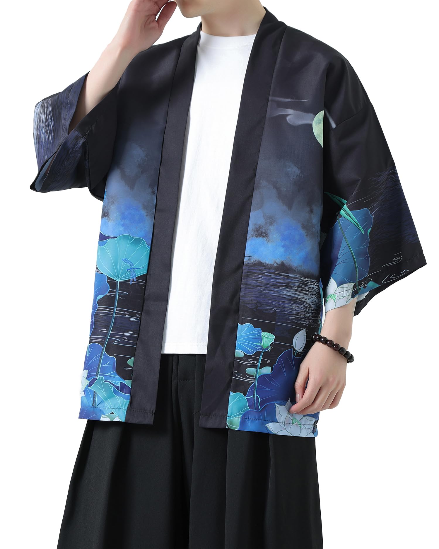 PRIJOUHE Men's Kimono Cardigan Jacket Japanese Style Flying Crane Seven Sleeves Open Front Coat