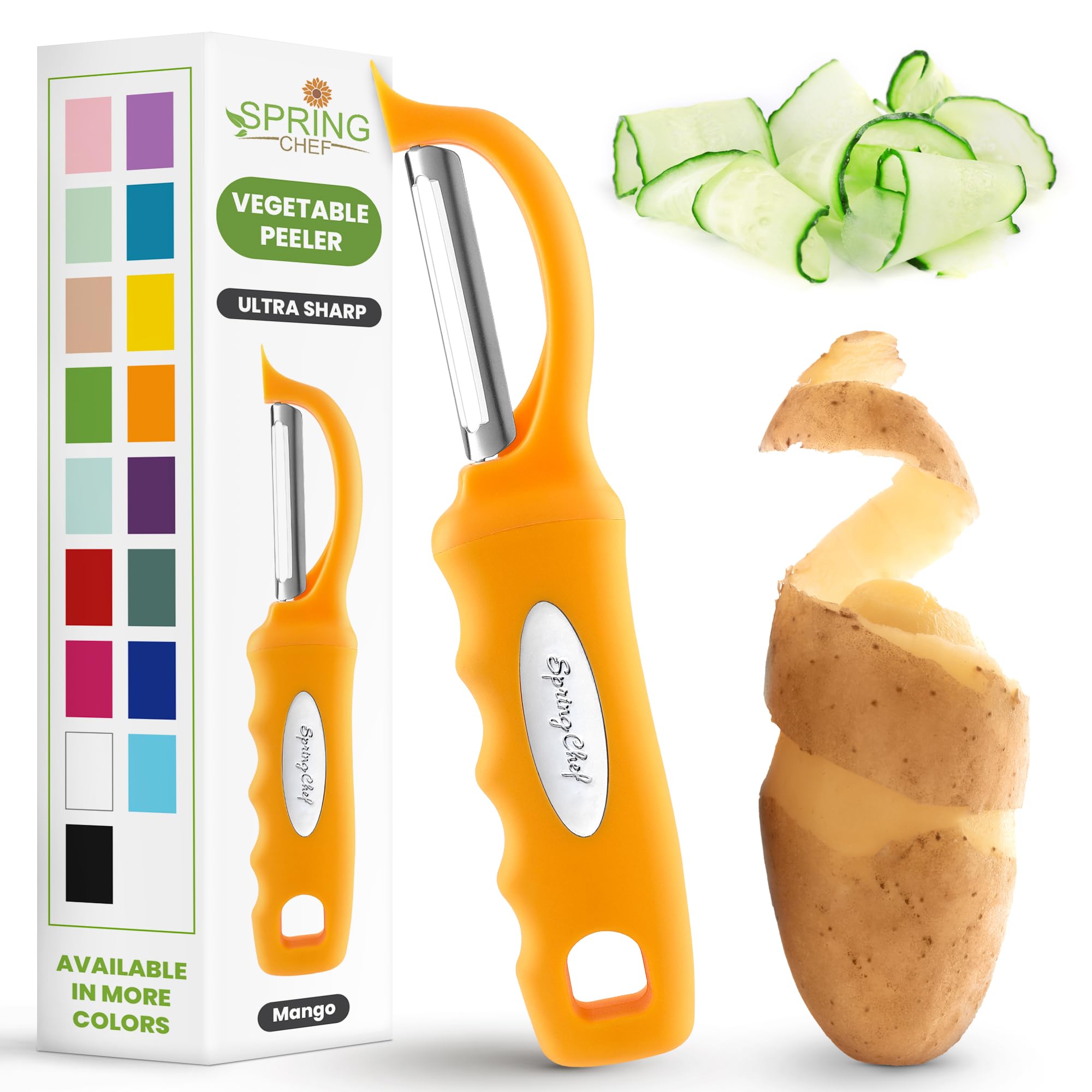 Spring Chef Premium Swivel Vegetable Peeler, Soft Grip Handle and Ultra Sharp Stainless Steel Blades - Perfect Kitchen Peeler For Veggie, Fruit, Potato, Carrot, Apple - Mango