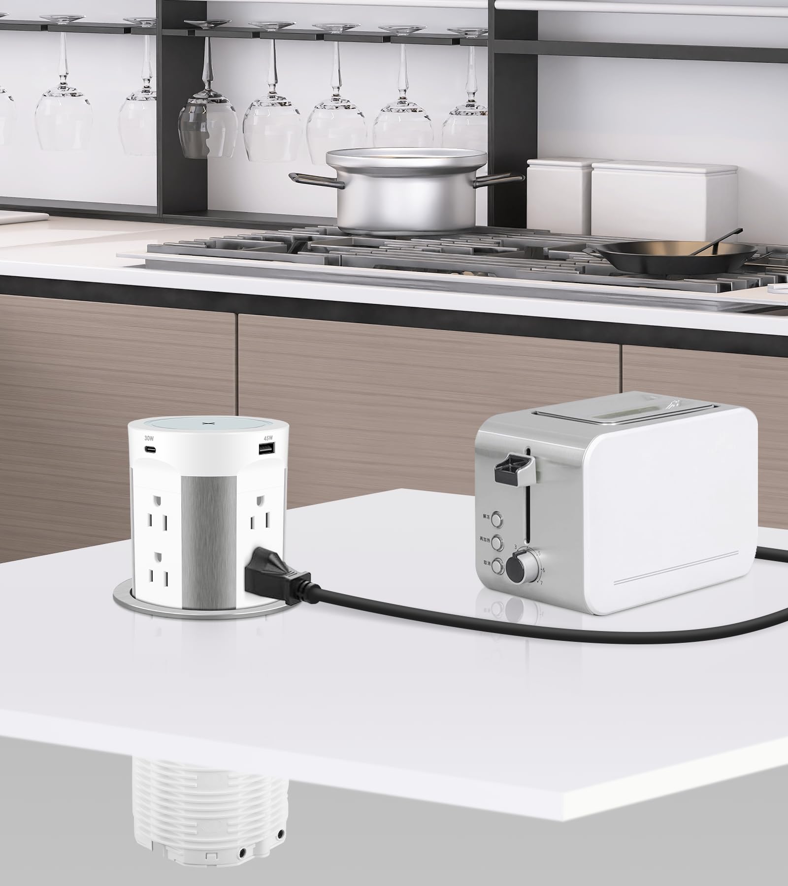Pop Up Outlet for Countertop, 15W Wireless Charger PD 45W, 2 USB-A & 2 USB-C & 8AC Outlets 15A Tamper Resistant, 4-inch Island Kitchen Pop Out