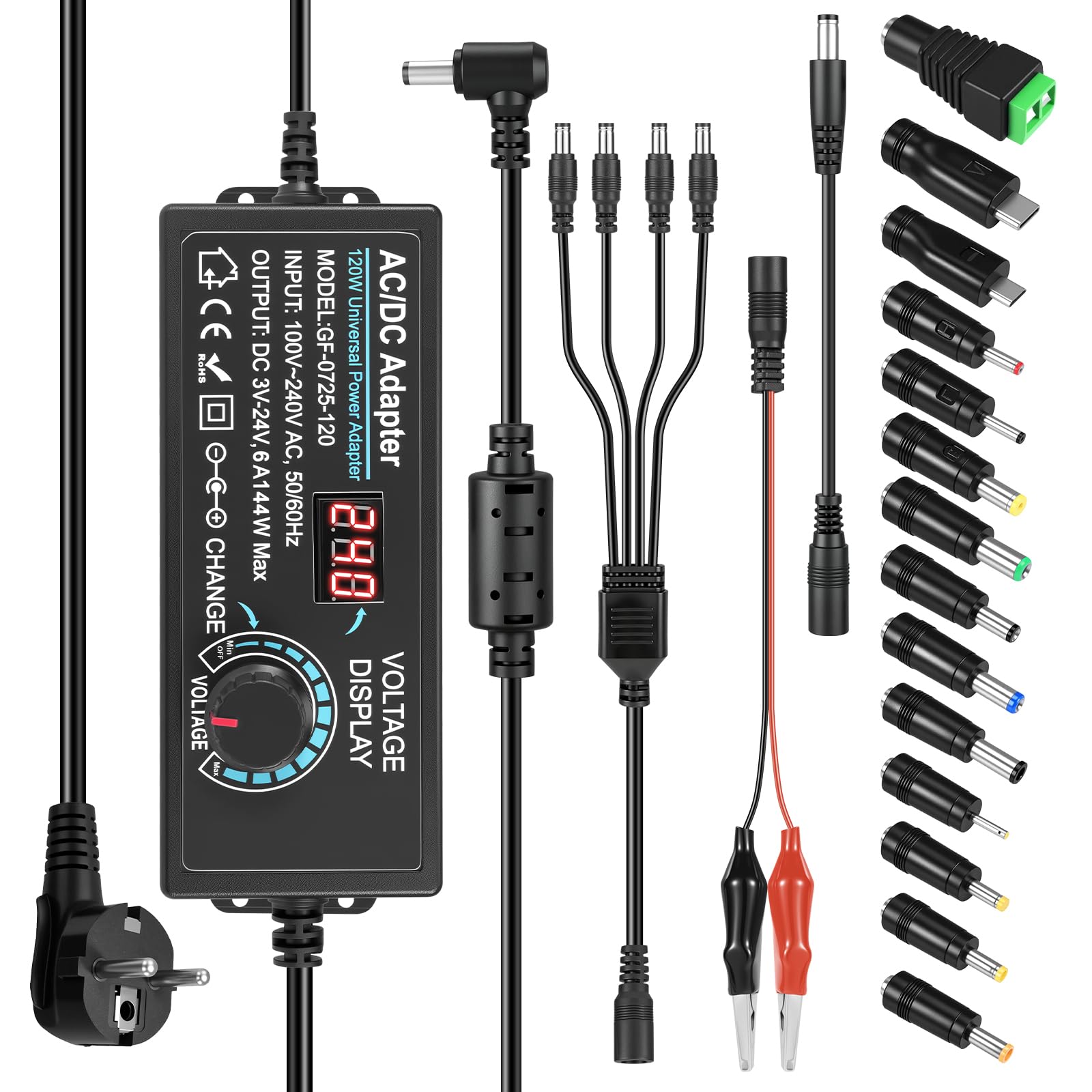 Adaptador de corriente universal con 14 puntas intercambiables y voltaje regulable 8