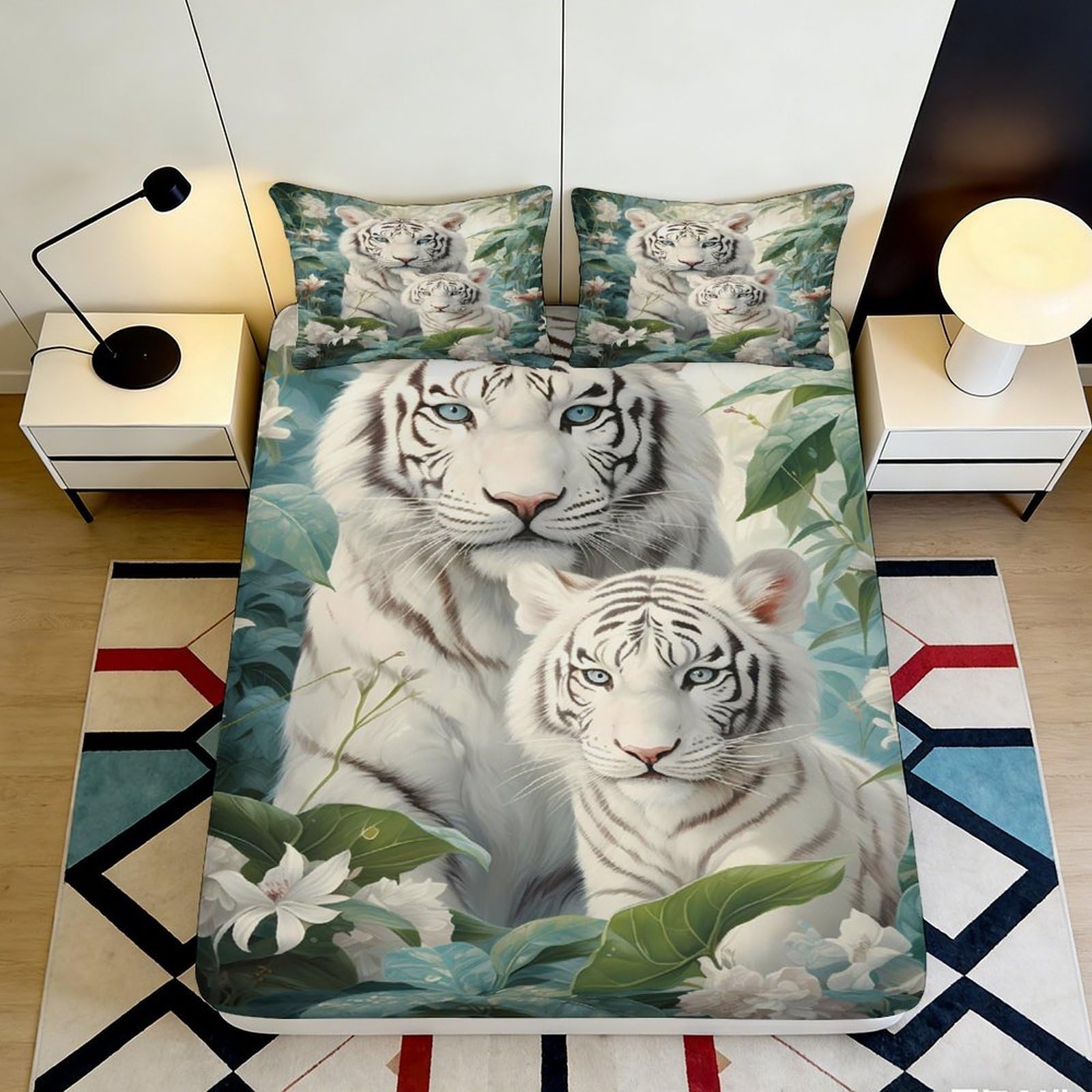 Pnayamiorkfel Style-5 3D Printed White Tiger Jungle Fitted Sheet Microfiber Soft Breathable Floral Bed Cover For Bedroom Dorm Decor 90X200x25cm
