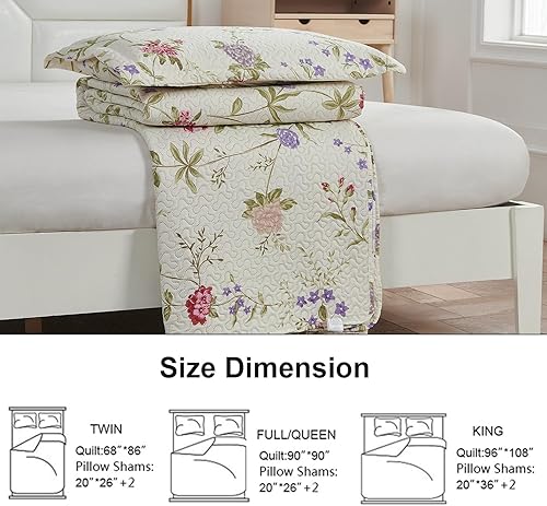 Miniatura 7 de Ycosy Juego de edredón de flores, tamaño Queen, color beige, colcha floral para primavera y verano, colcha reversible ligera y reversible, colección