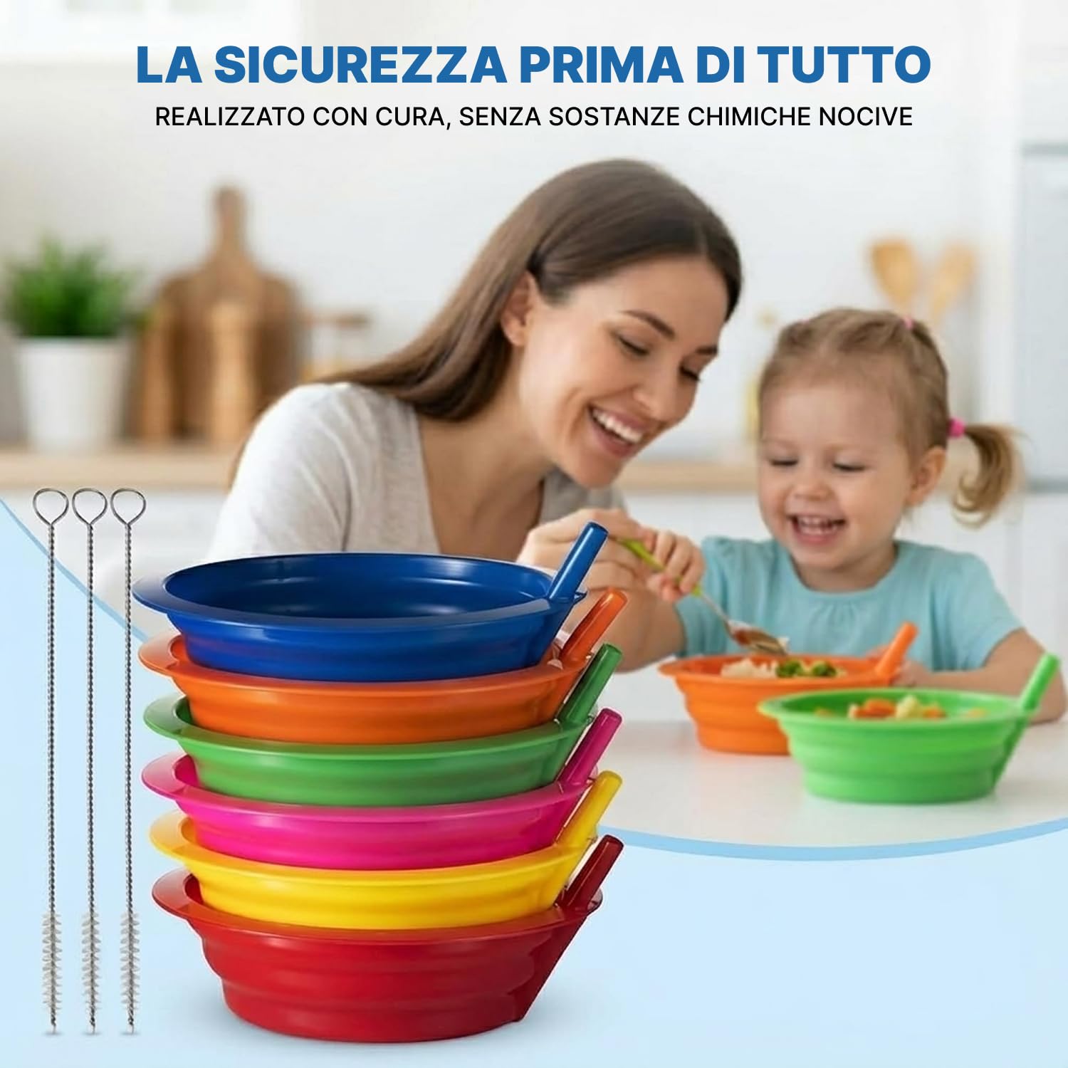 JoyServe Ciotole per cereali con cannucce per bambini - (set da 6 ciotole da 20 once) Ciotole riutilizzabili in plastica senza BPA con cannucce integrate per bambini e neonati
