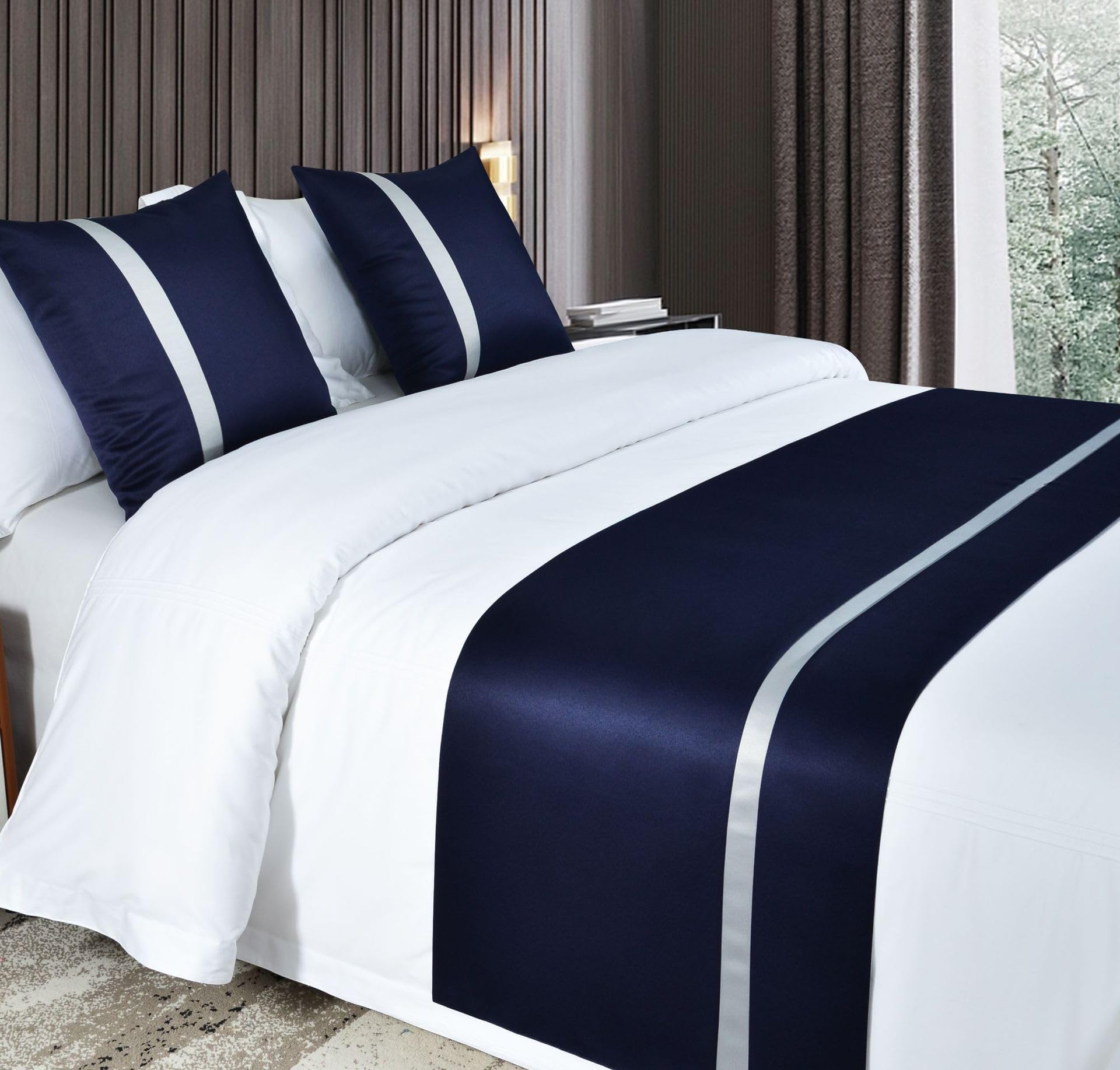 Janemua Dark/Blue Bed Runner,Bed Runners And Matching Cushions,Hotel And Guesthouse Bed End Towel, Inn Bed And Breakfast Bedspread, Silky Soft Colour Block Bed Towel- Blue||240X50 Cm (1.8 M Bed)