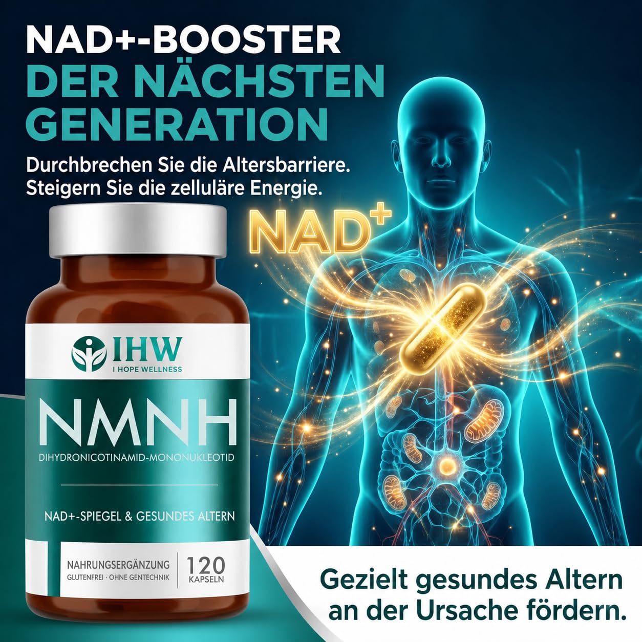NMNH, 1000MG Kapseln Hochdosiert, Hochreines NAD-Ergänzungsmittel, Anti-Aging, für zelluläre Energie & antioxidative Unterstützung, 120 vegane Kapseln