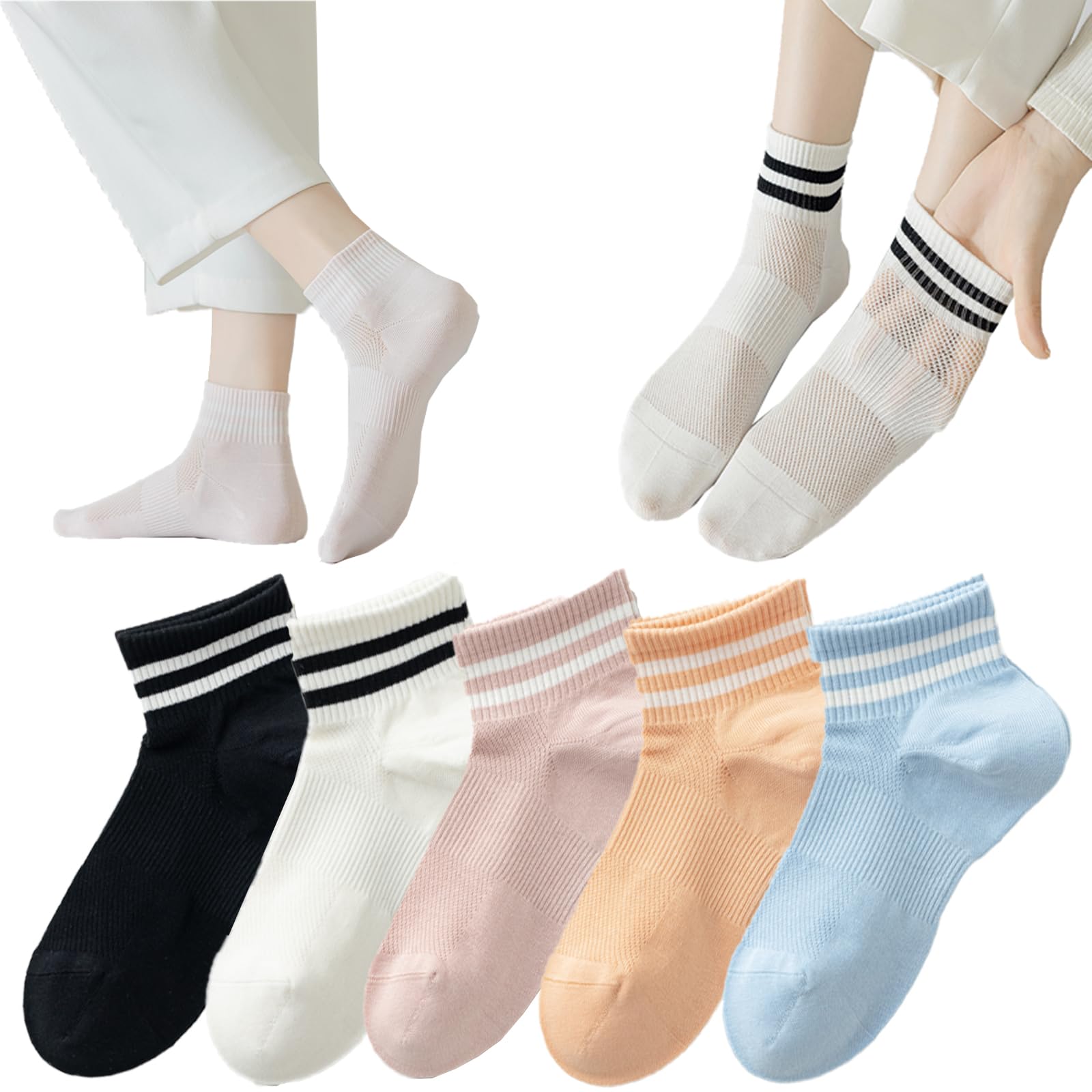 BestagThin Breathable Cotton Ankle Socks for Women,Fashion Striped Athletic Women's Socks,Mesh Women Above Crew Socks 5 Pairs