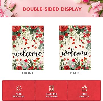 AVOIN colorlife Welcome Hearts Roses Valentines Day Garden Flag 12x18 Inch