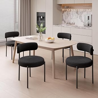 Hawthyhome FU01031BL-4 Dining Room Chairs Set of 4 Teddy Fabric Round Boucle Chairs Mid-Century Upholstered Kitchen Chairs with Metal Legs Black