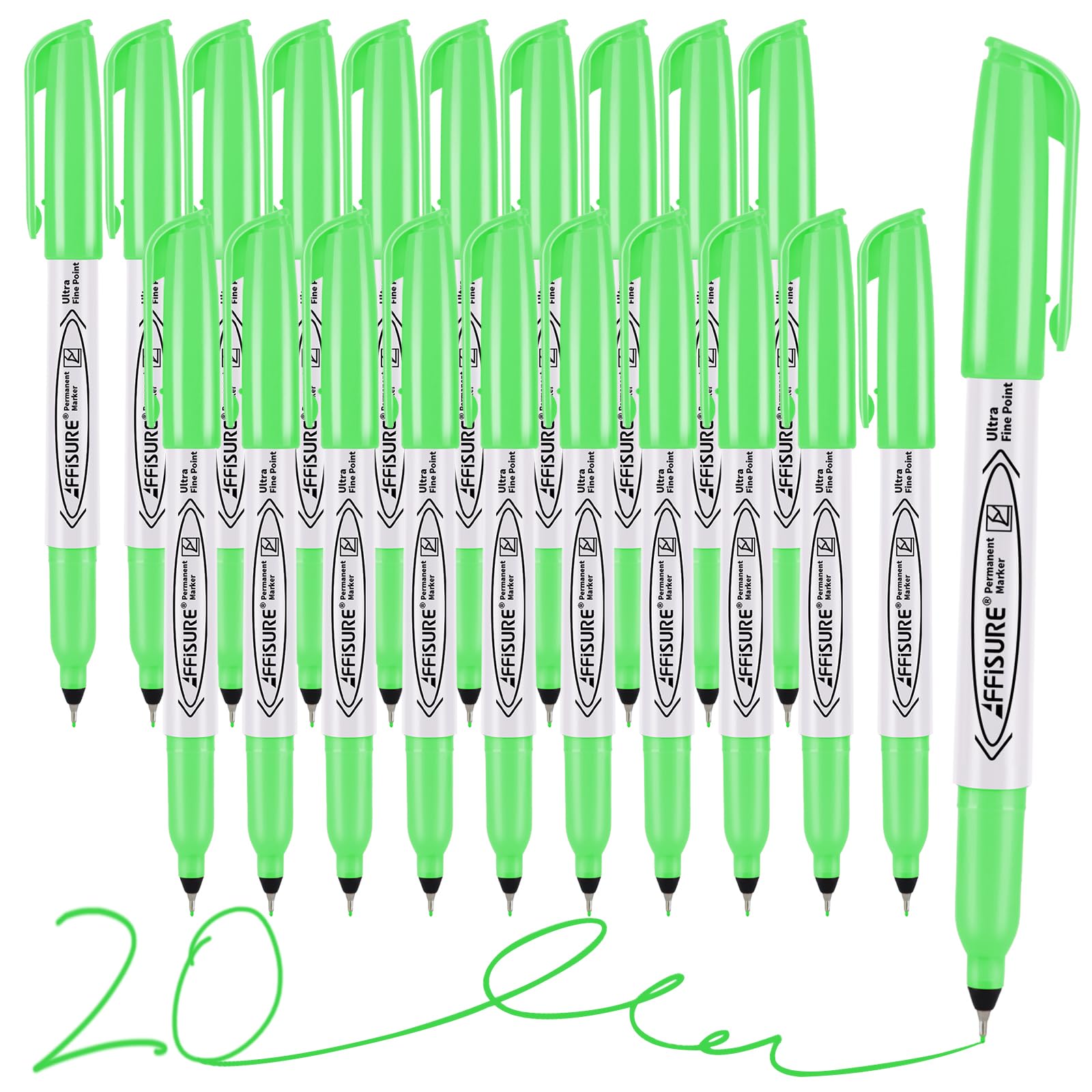 Green Ultra Fine Point Permanent Markers, 20 Pack, 0.4 mm, Precision Extra Fine Tip for Detailed Writing, Art, Crafts &amp; Labeling on Paper, Plastic, Glass, Metal, Waterproof, Fade-Resistant Ink