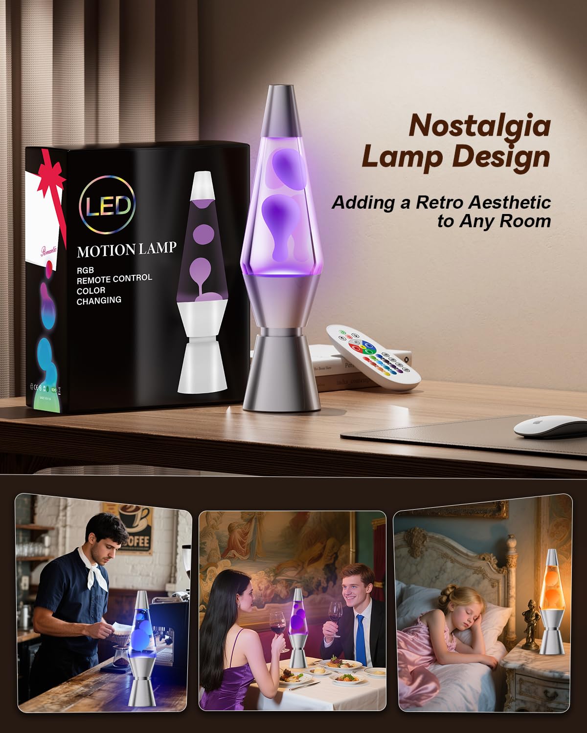 AONESY Lampe à Lave LED 37cm Télécommande Changement de Couleur Veilleuse Cadeau Noël