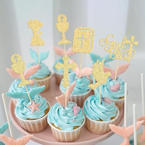 Miniatura 5 de Gyufise 24 piezas de decoración para magdalenas con purpurina y paloma con purpurina, cáliz bíblico para magdalenas, primera comunión, tema de