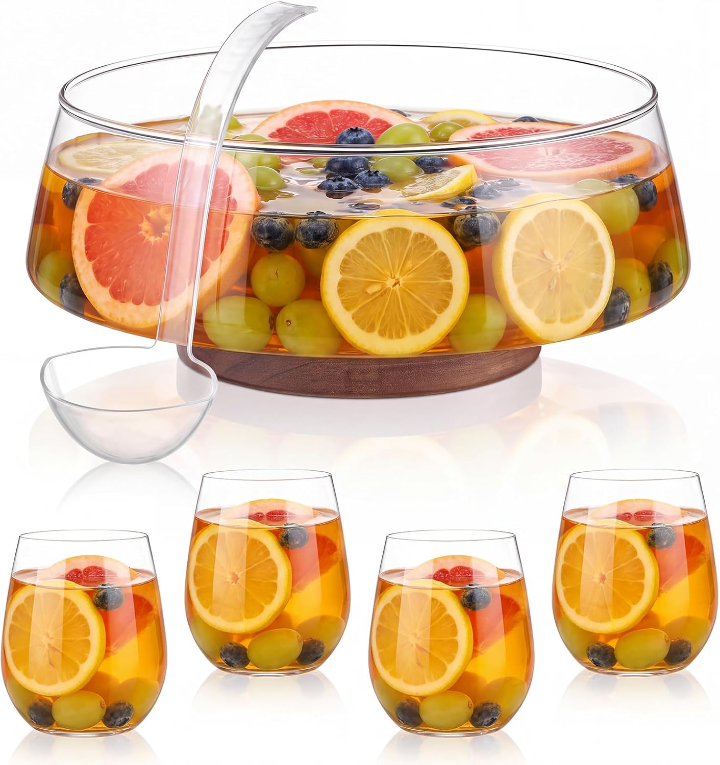 1.2 Gallon Glass Punch Bowl Set with Ladle, 4 Acrylic Cups and Wood Base