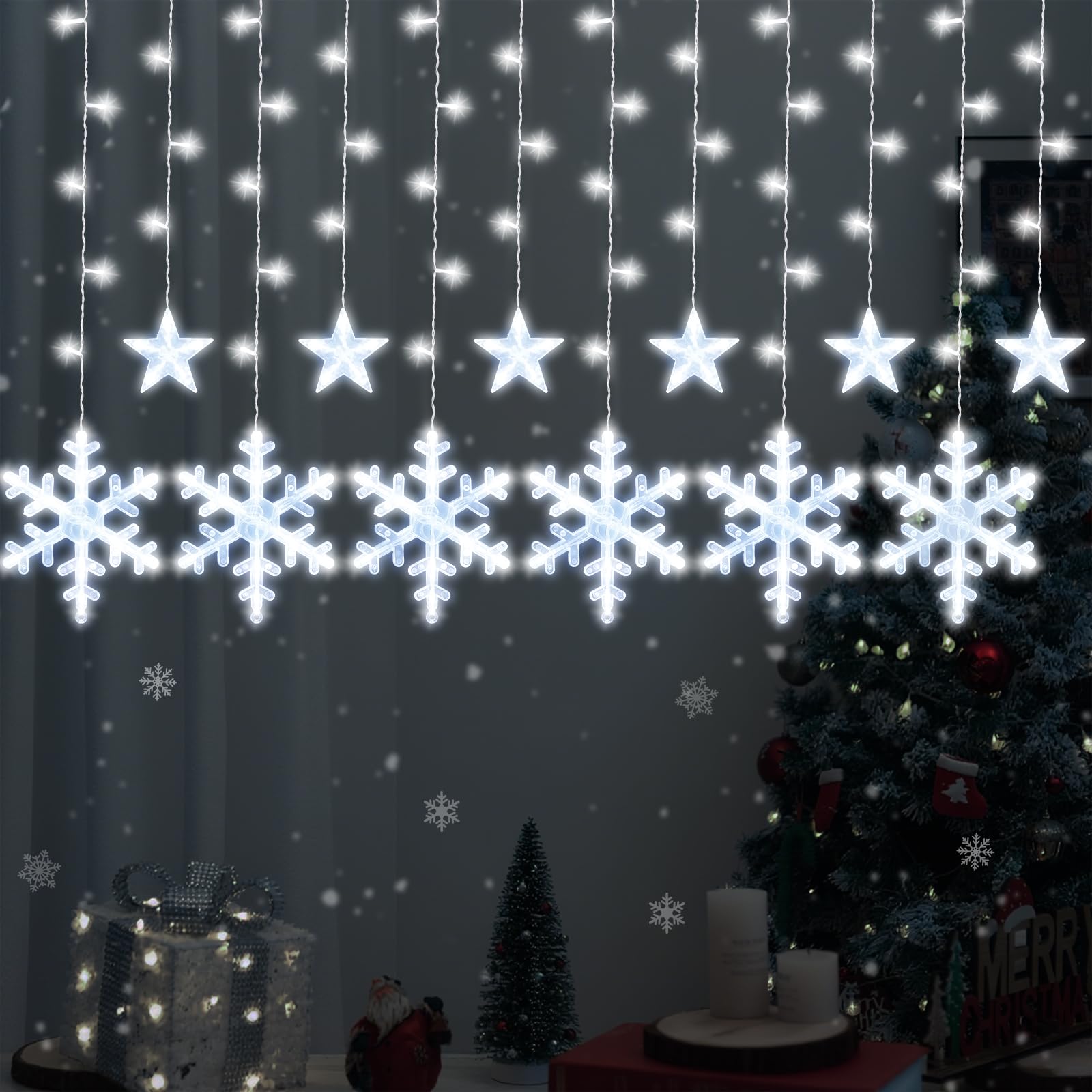 Lewondr 138 LED Christmas String Curtain Lights, Hanging Fairy Lamp with 6H Timer & 8 Modes, USB & Remote Control Snowflake+Stars String Lights for Xmas Wedding Party Xmas Indoor Decor, White Light