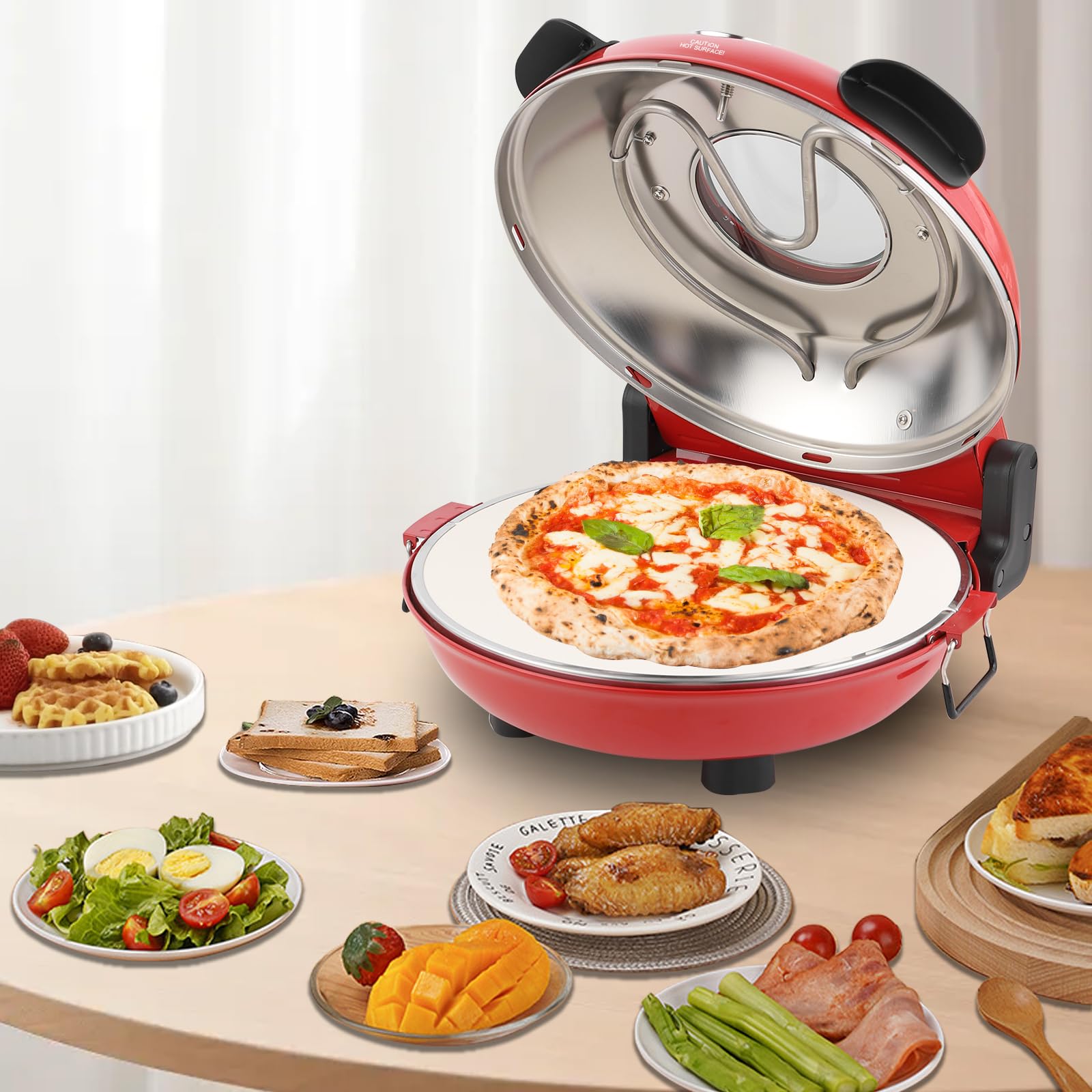 Elektryczny piec do pizzy, ogniotrwały kamień do pizzy, 1200 W, 4 minuty pizzy w ekspresie do pizzy, podwójna regulacja temperatury, ze skórkami do pizzy i skrobakiem, czerwony