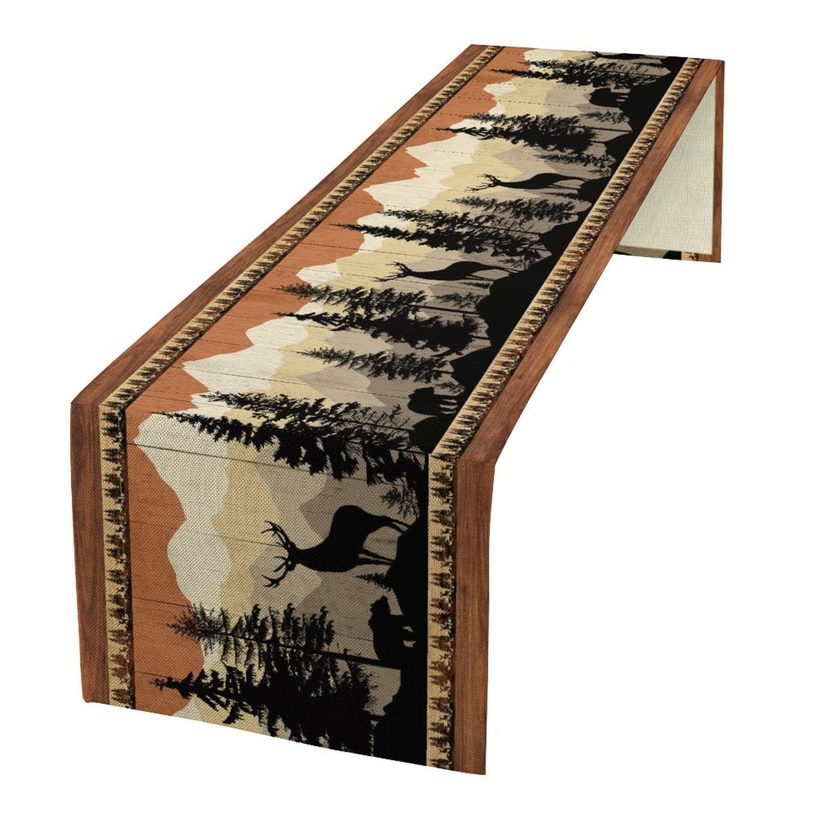 Rustic Wild Animal Woodland Table Runner, Rural Country Retro Brown Wooden Board Deer Bear Forest Silhouette Vintage Print Table Decor, Tablerunner