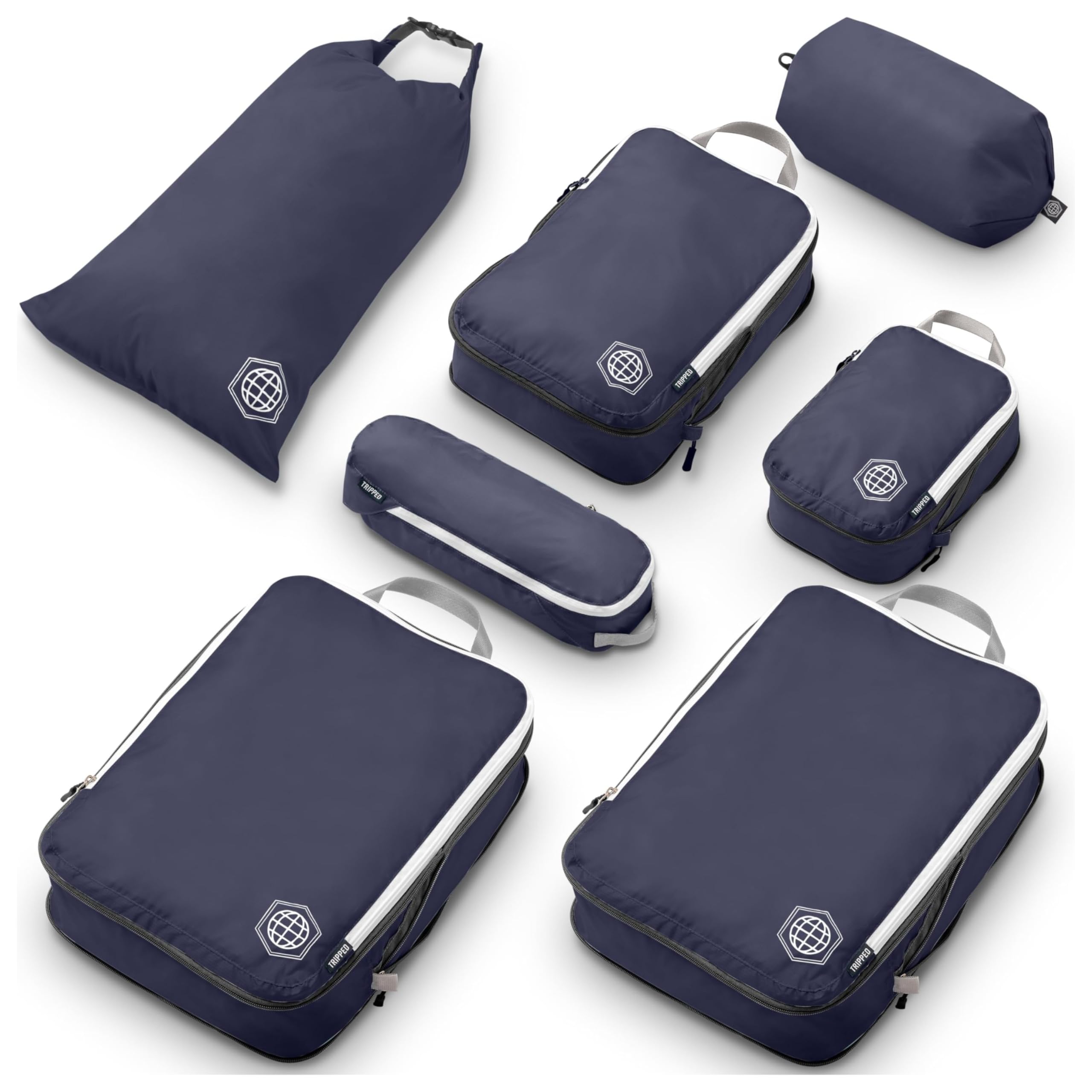 Extra Large Compression Packing Cubes for Travel-Extra Large Packaging Cube Luggage Organizers 7 Piece Set-Ultralight, Expandable/Compression Bags for Clothes (Navy/White))