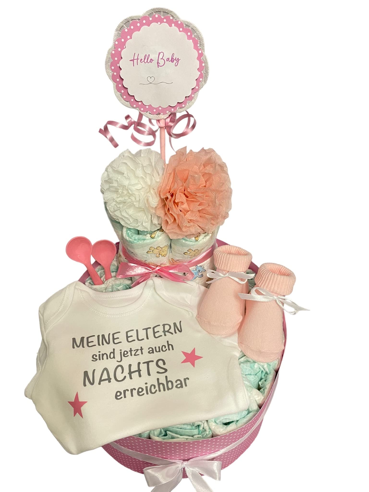 Sinchns Bastelzauber Windeltorte Babybody mit Spruch Body Rosa Personalisiert Handmade zur Geburt Taufe ca. 30 Windeln Größe 3