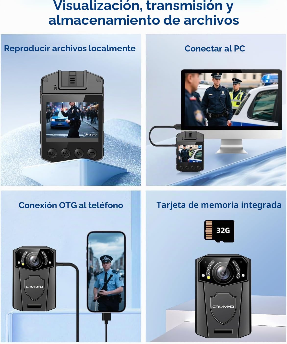 CAMMHD Cámara Corporal 2K Z3-32GB, 10h Autonomía, Visión Nocturna IR y Cifrado de Datos, Camara Corporal con 2 Clips Giratorios 360°, para Policía, Seguridad y Uso Personal