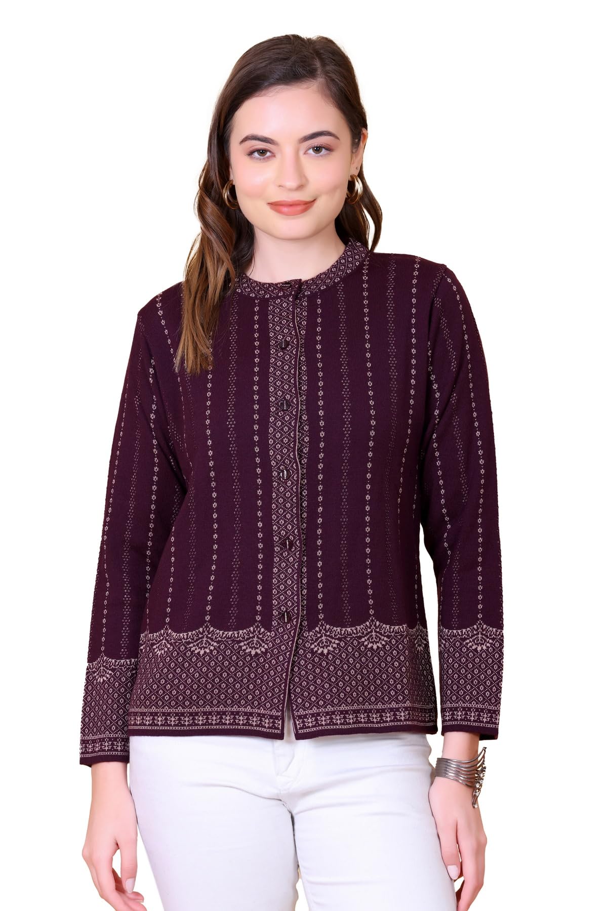 cupid Women’s Regular Fit Full Sleeve Woollen Knitted Cardigan,Front Open Winter Sweater with Button Closure,Ethnic Jacquard Pattern-picture-13