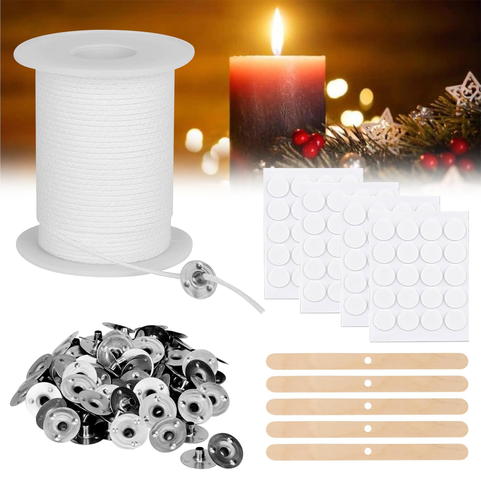 Sheryl&Rain Kit Stoppini In Cotone Per Candele - 61 Metri, 150 Supporti Metallici E Adesivi, Senza Fumo