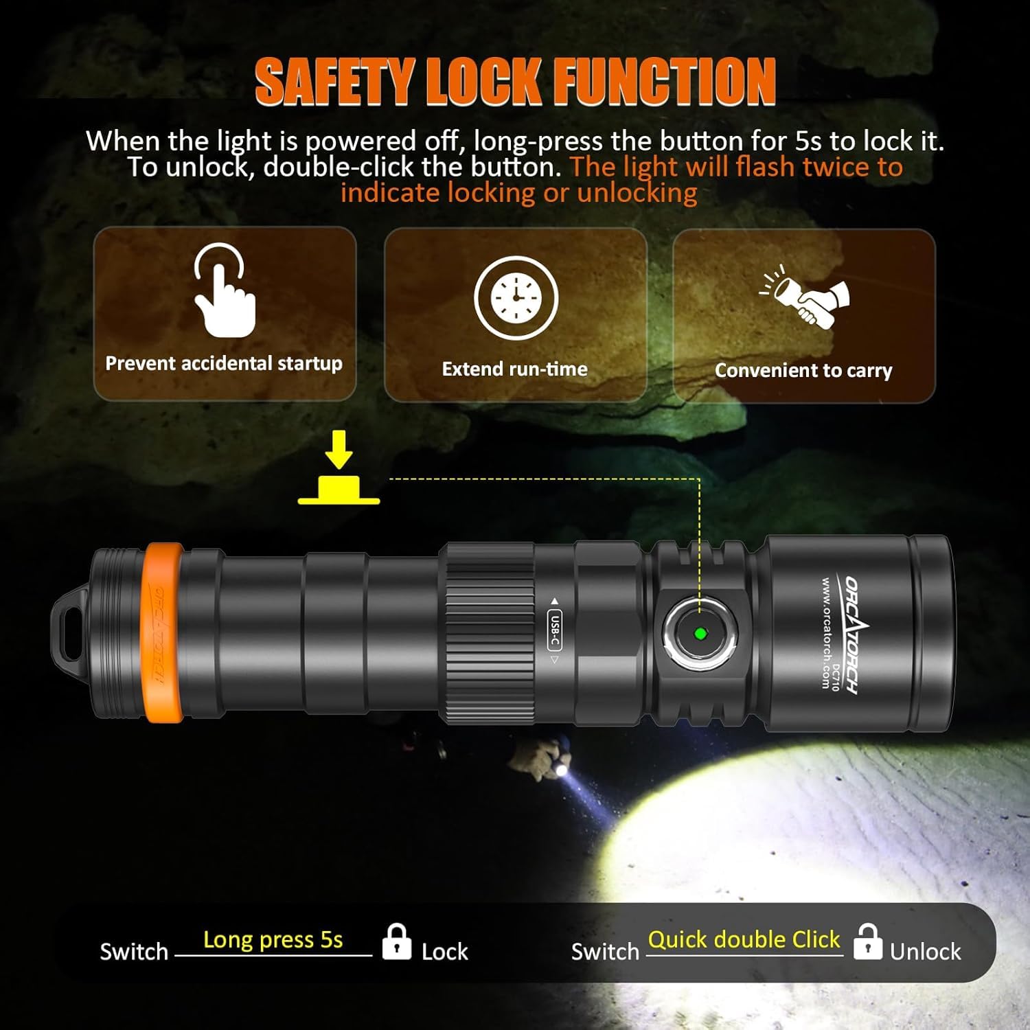 ORCATORCH DC710 Lampe Plongée 3000 Lumens Faisceau Étroit 6° Plongée | Bas/Moyen/Haut/Turbo, Indicateur Statut, Verrouillage Touche, IP68 Étanche, Plongée Nocturne, Spéléo Sous-Marine