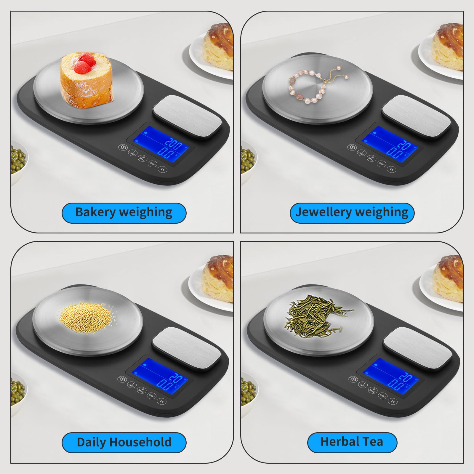Báscula de cocina con plataforma dual, báscula precisa (10 kg y 1 kg), pantalla retroiluminada en azul, báscula digital para cocinar y hornear