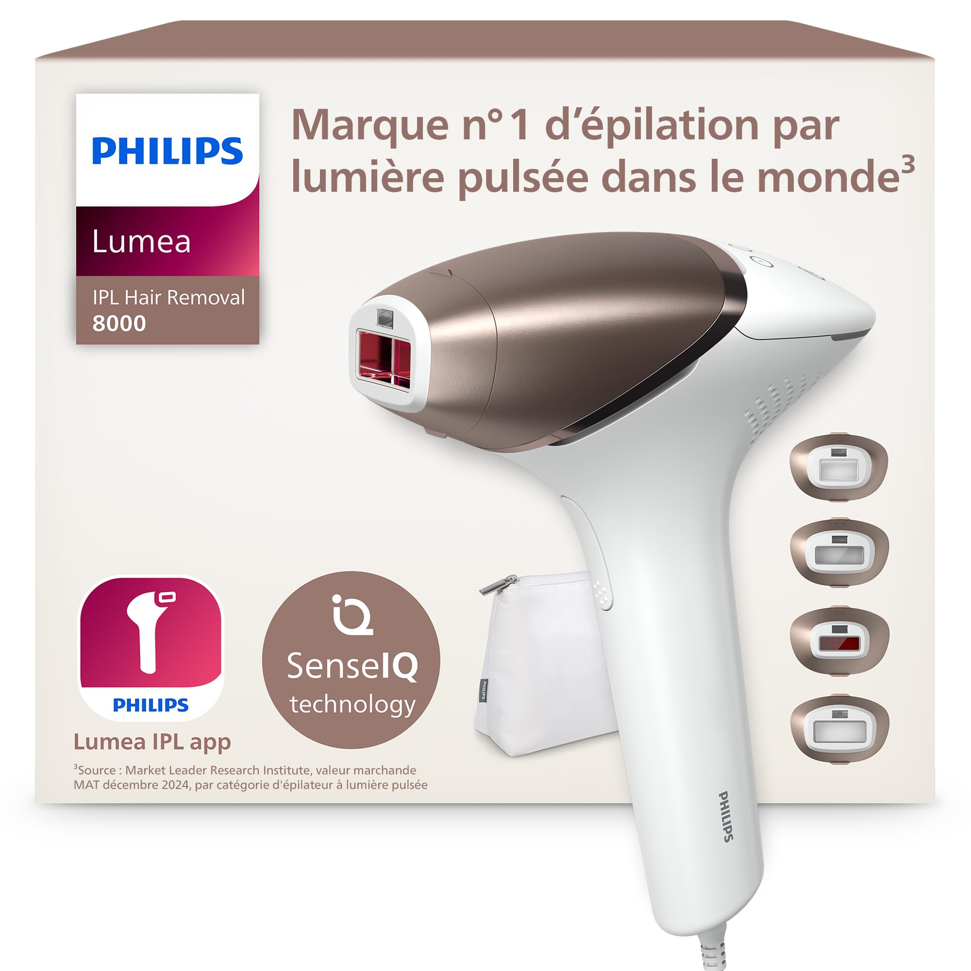 Philips Lumea série 8000, Épilateur à lumière pulsée, alternative à l'épilation laser, technologie SenseIQ, 4 accessoires pour le corps, le visage, le maillot et les aisselles, modèle BRI948/​00
