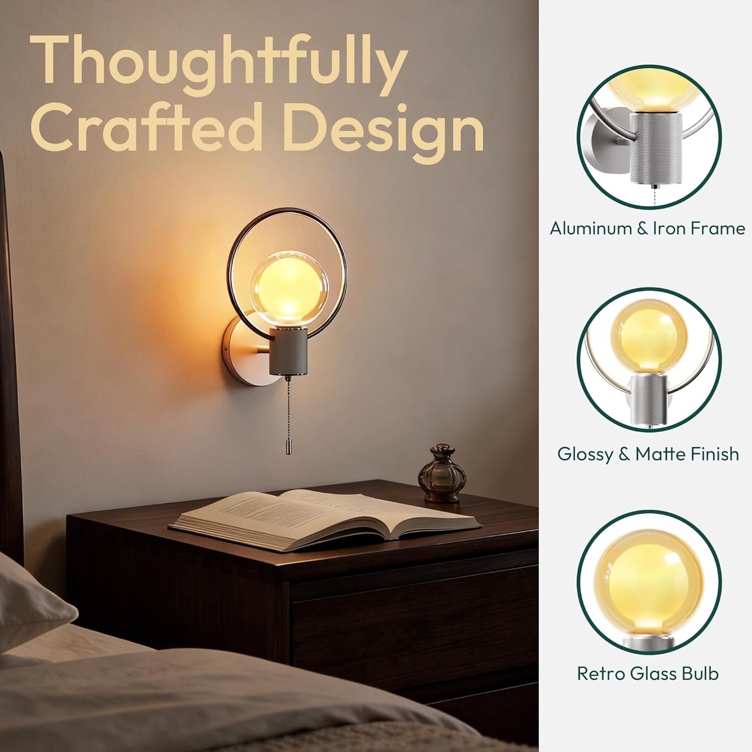 ALAMPEVER Modern Wall Sconce with Pull Chain, Metal Silver Wall Lights with G125 Glass Globe Bulb, Wall Mount Light for Enhancing Indoor Ambience in Bedroom, Living Room, and Hallway, 1 Pack