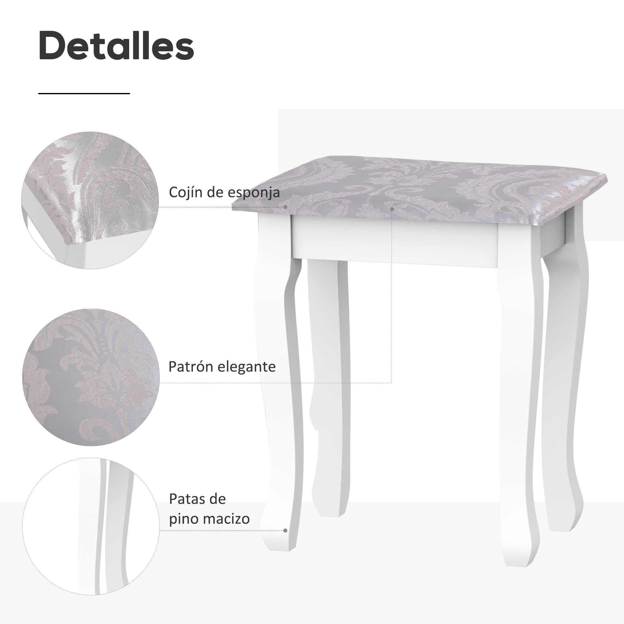 HOMCOM Tocador + Taburete y Espejo Mesa Maquillaje 5 Cajones Mesa MDF Estilo Colonial (Blanco)